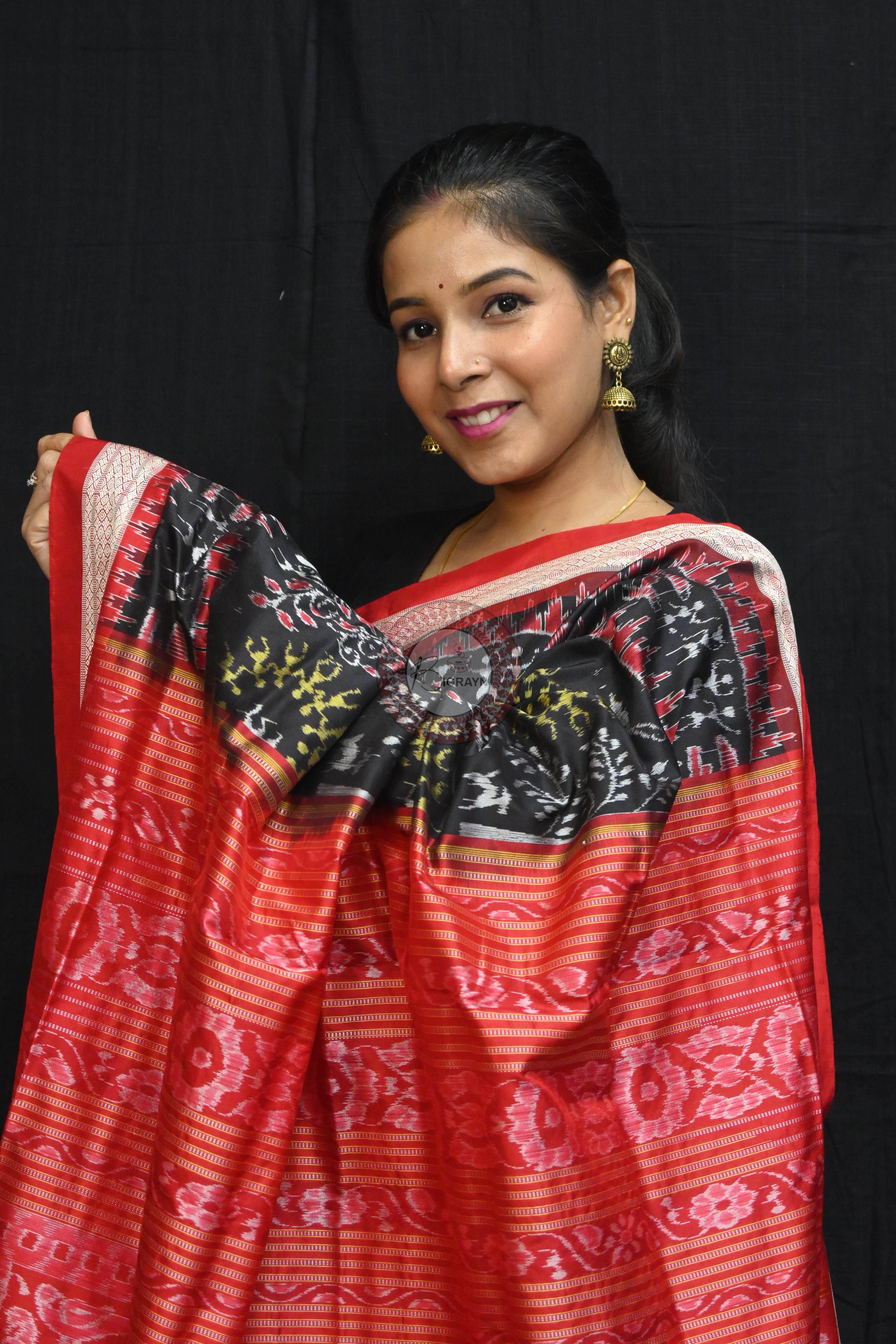 Black Red Trees Tribal Circles Sambalpuri Silk