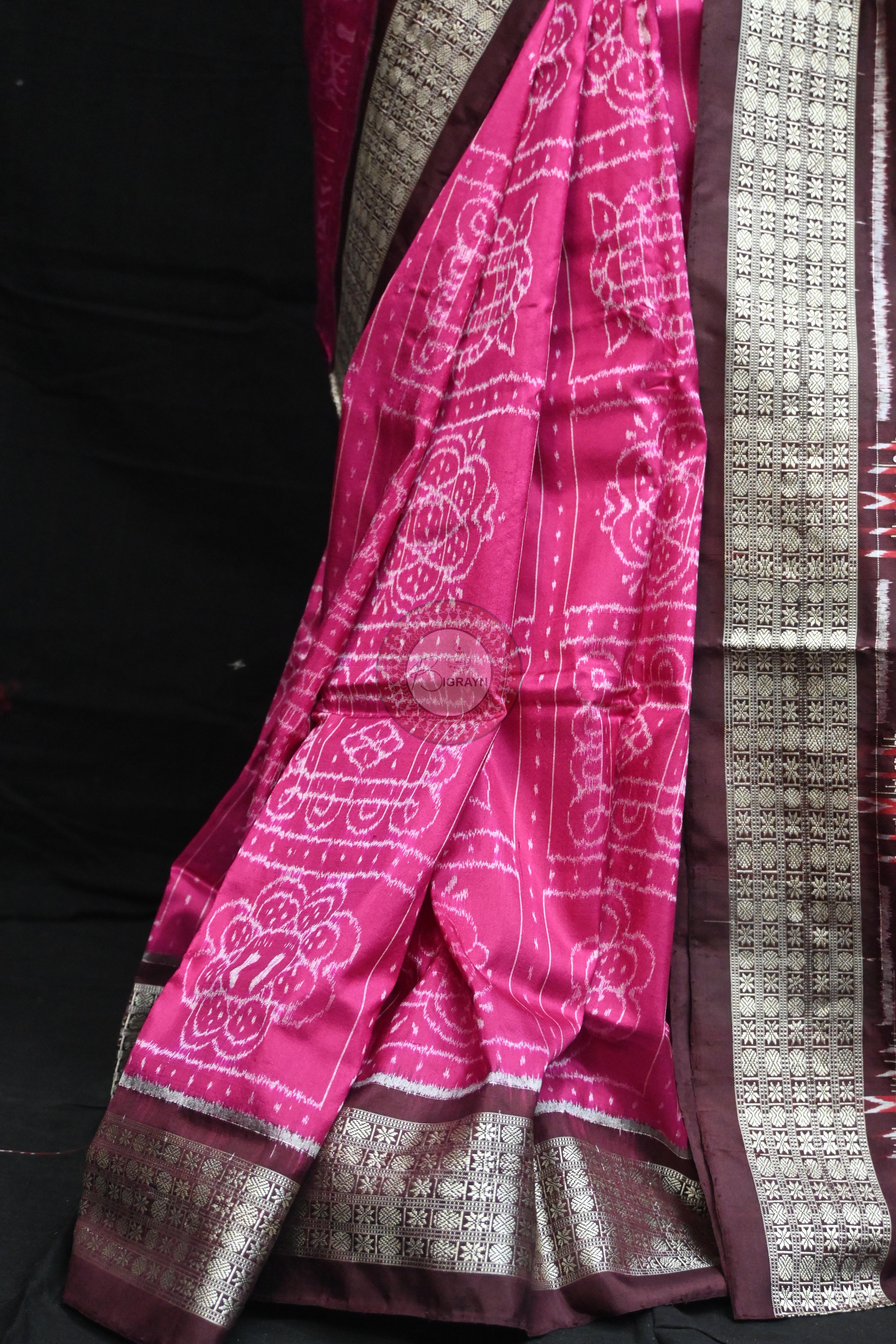 Magenta Coffee Laxmi Pada Squares Sambalpuri Silk Saree