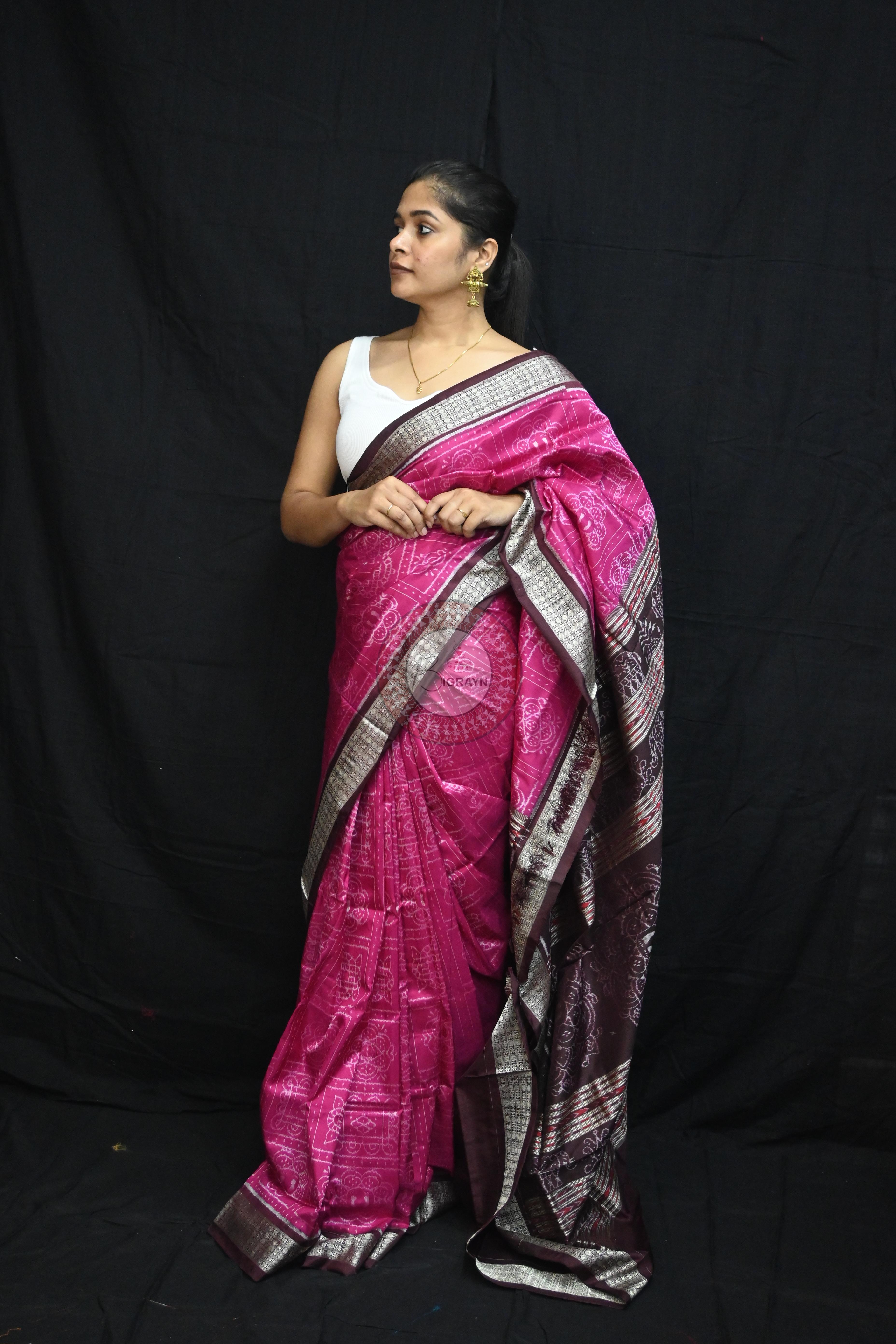 Magenta Coffee Laxmi Pada Squares Sambalpuri Silk Saree
