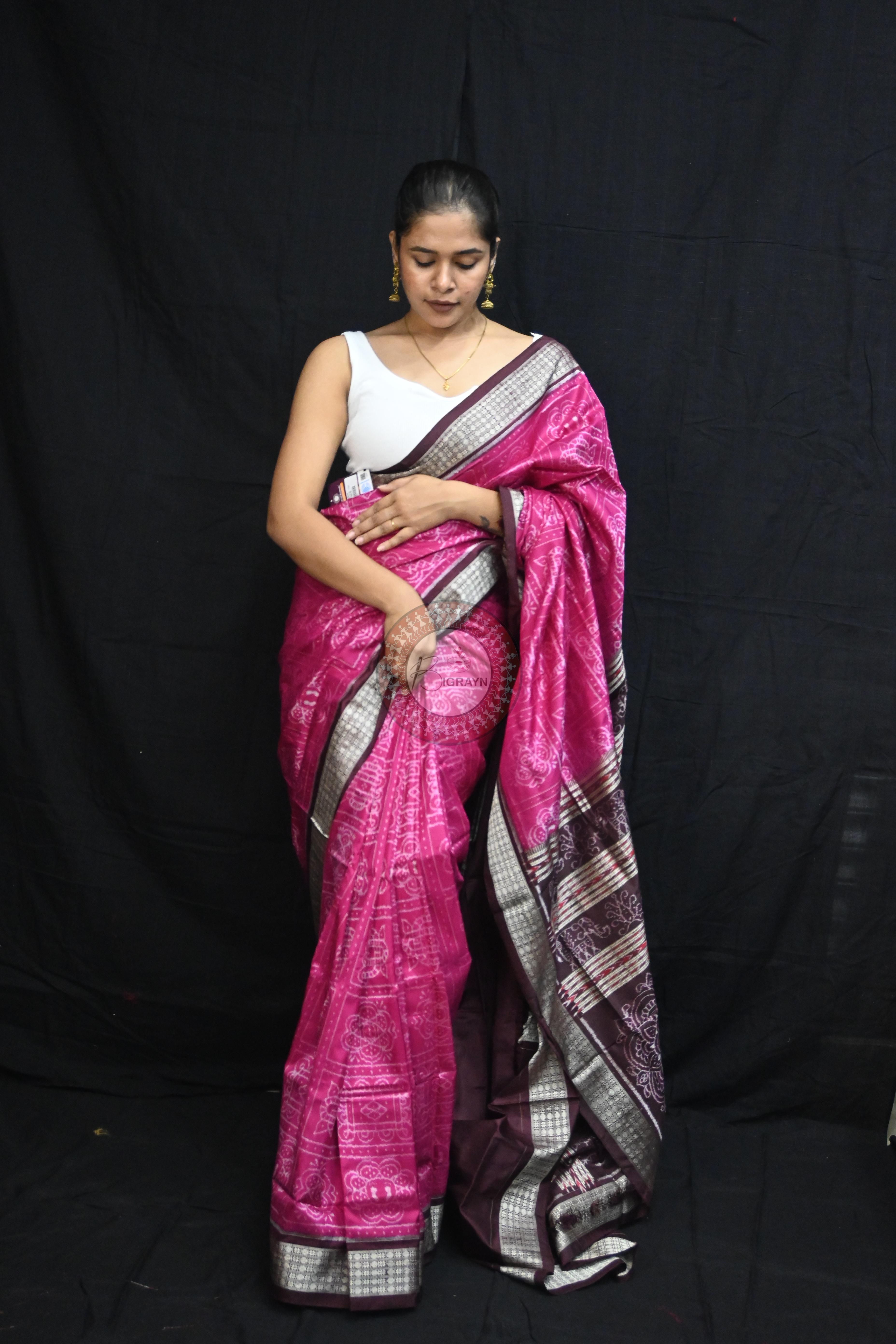 Magenta Coffee Laxmi Pada Squares Sambalpuri Silk Saree