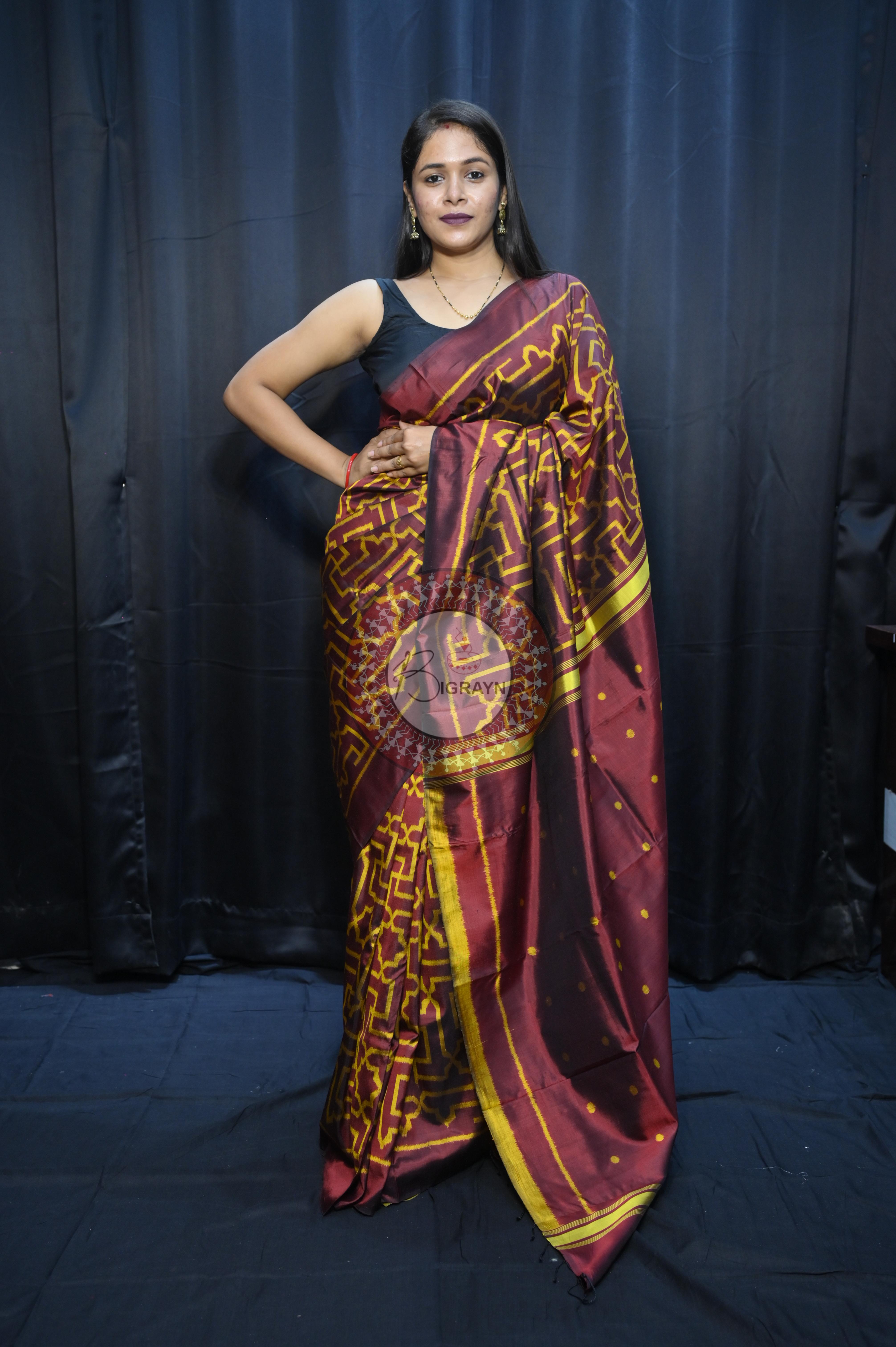 Maroon Yellow Sri Yantra Design Mulberry Silk Saree