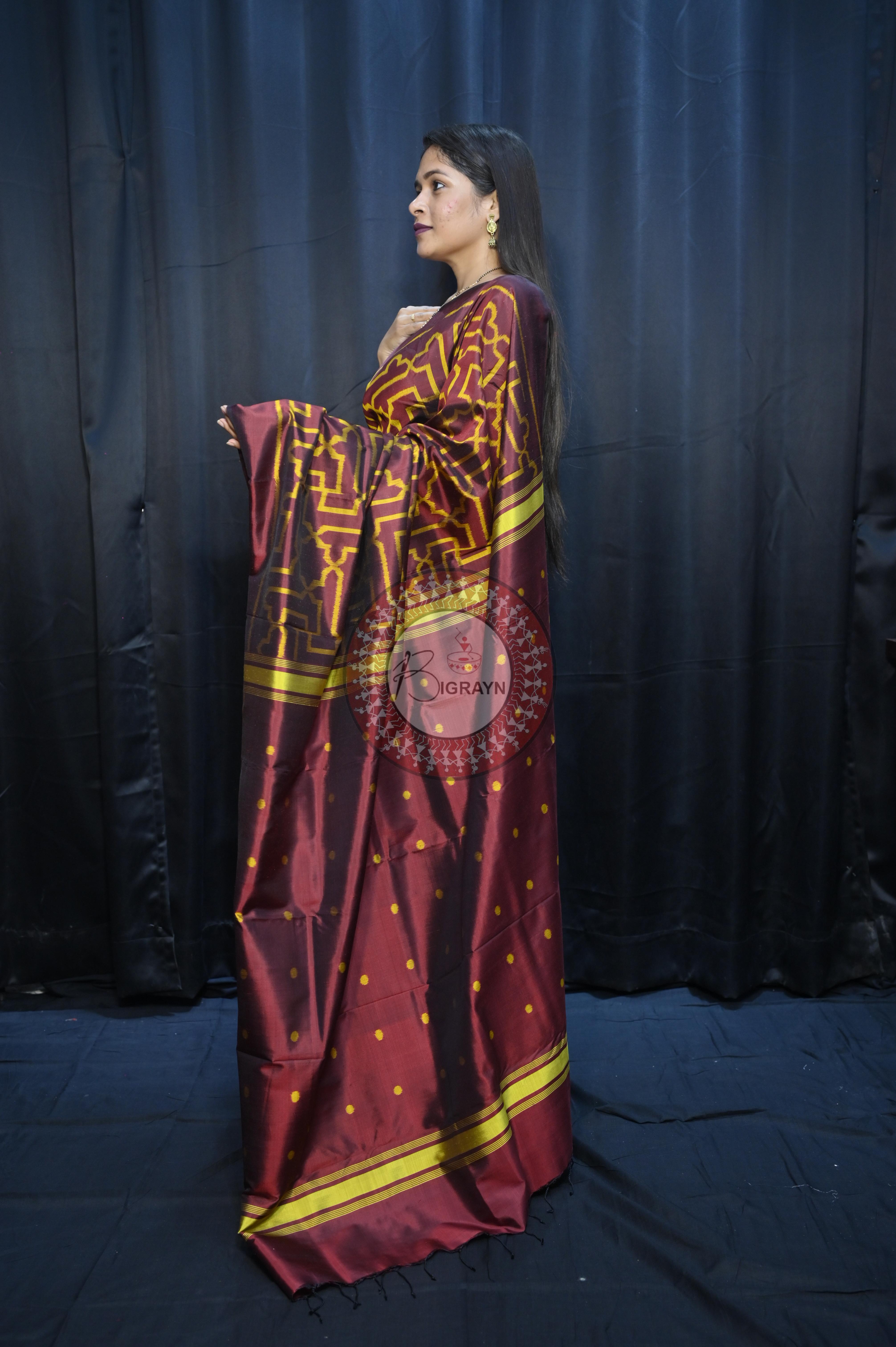 Maroon Yellow Sri Yantra Design Mulberry Silk Saree