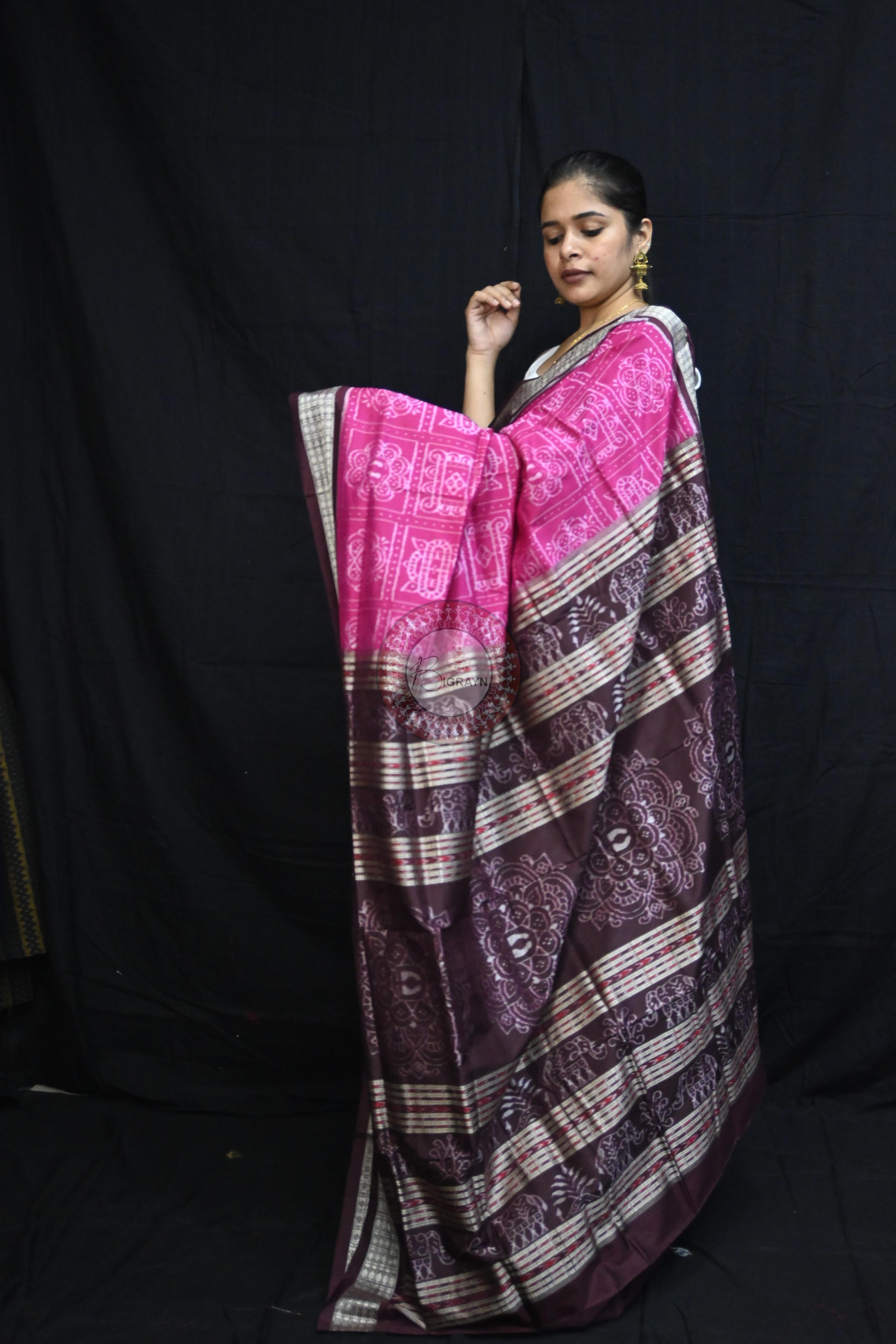 Magenta Coffee Laxmi Pada Squares Sambalpuri Silk Saree