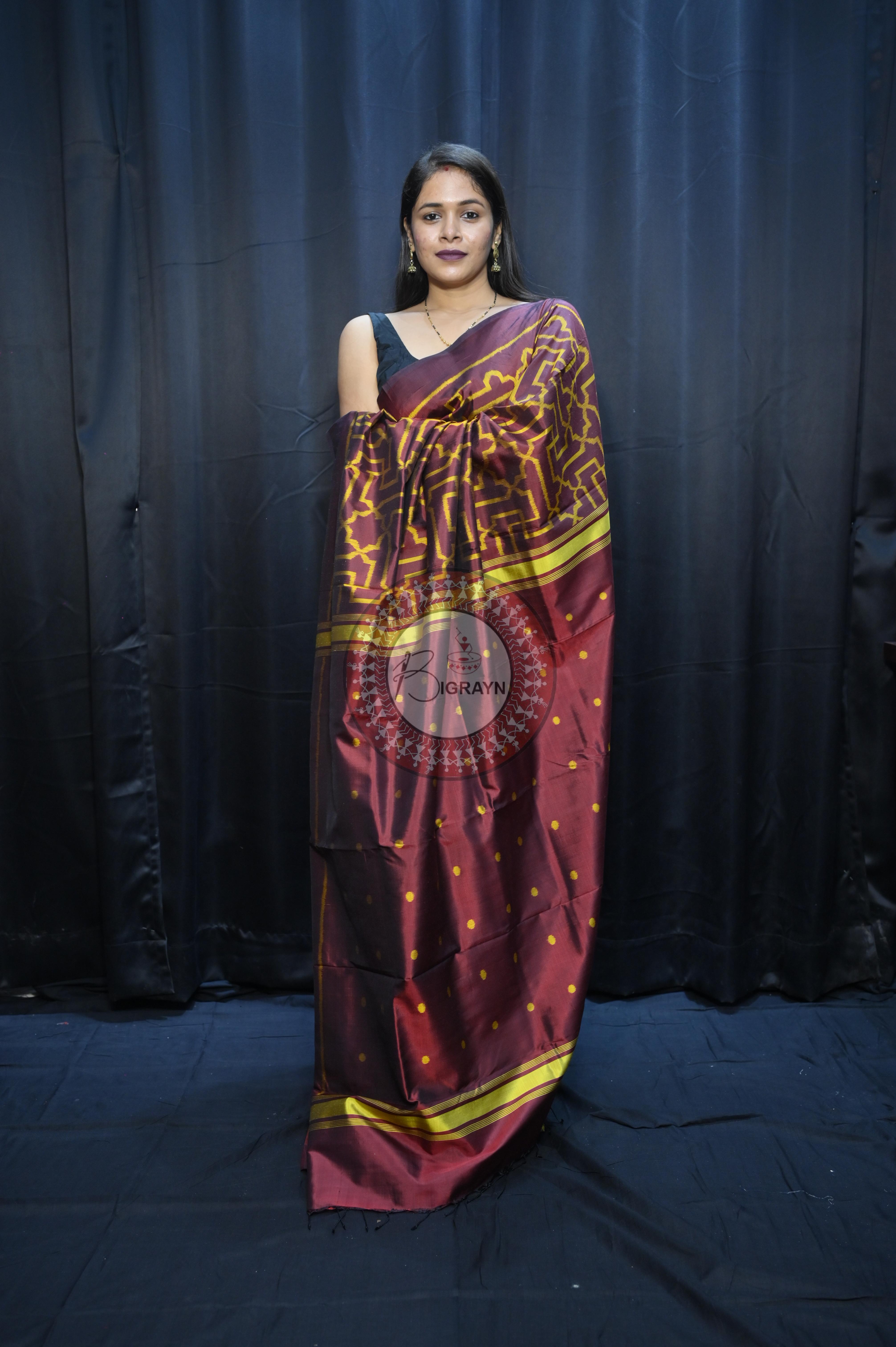 Maroon Yellow Sri Yantra Design Mulberry Silk Saree