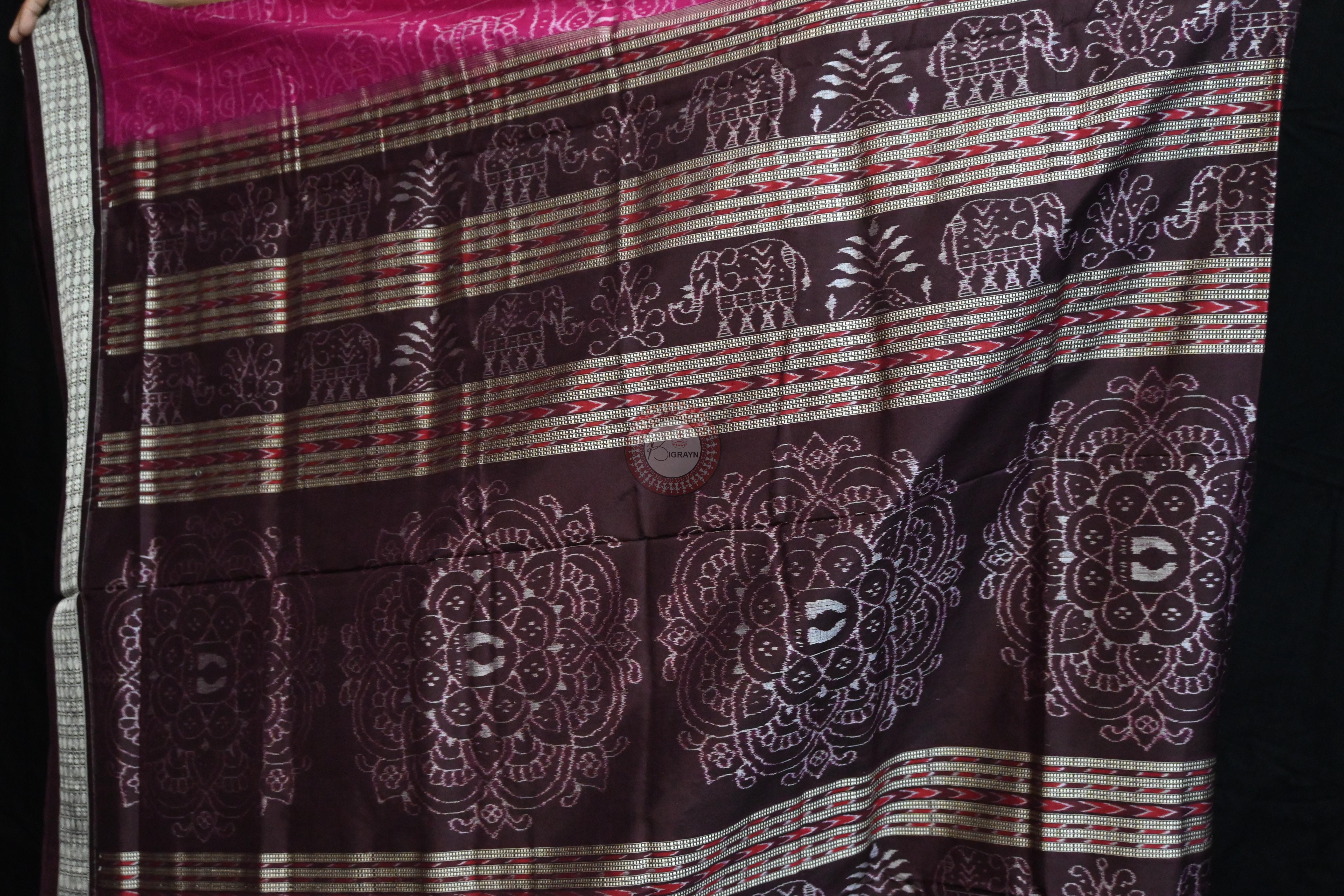 Magenta Coffee Laxmi Pada Squares Sambalpuri Silk Saree
