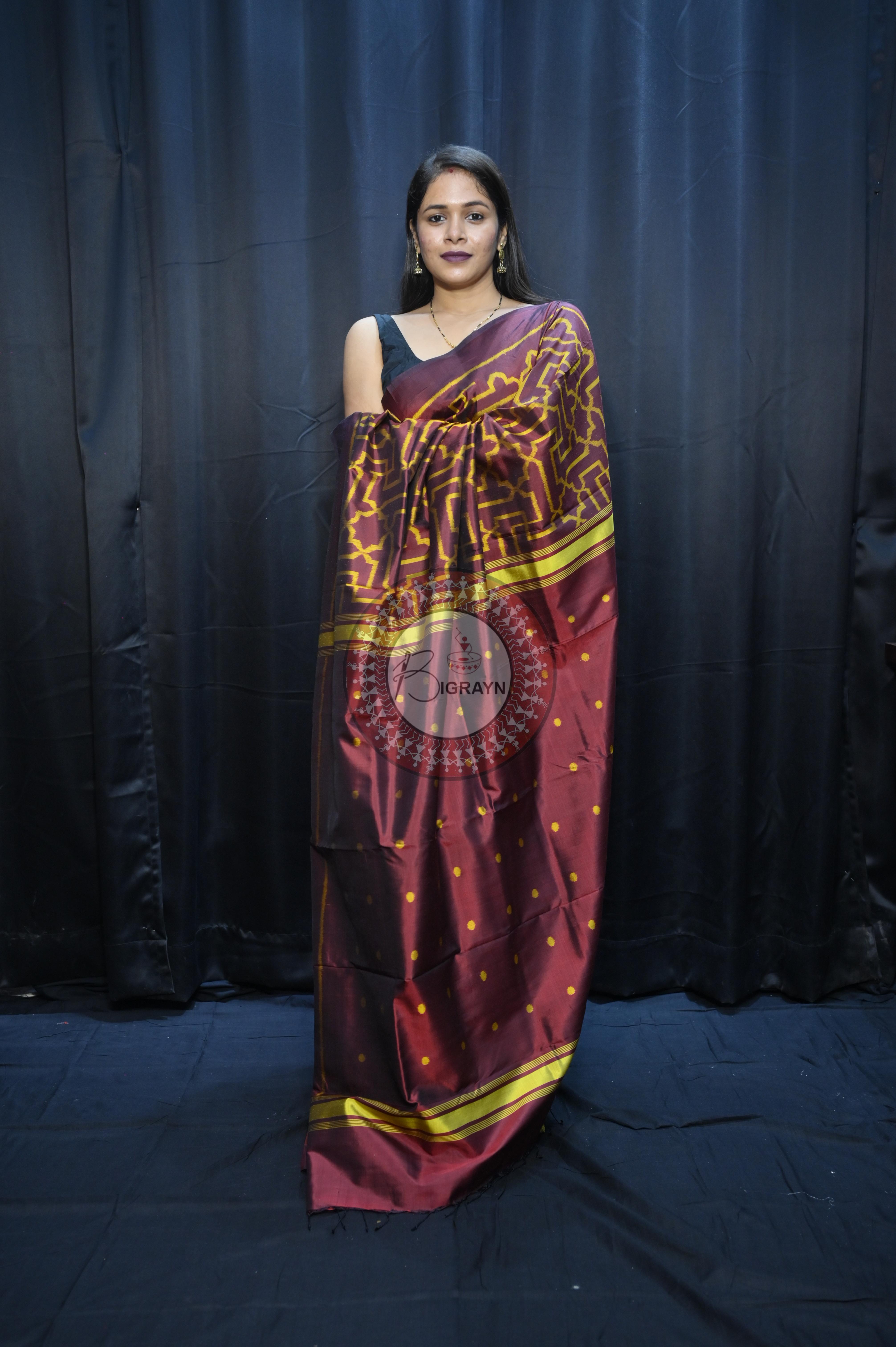Maroon Yellow Sri Yantra Design Mulberry Silk Saree