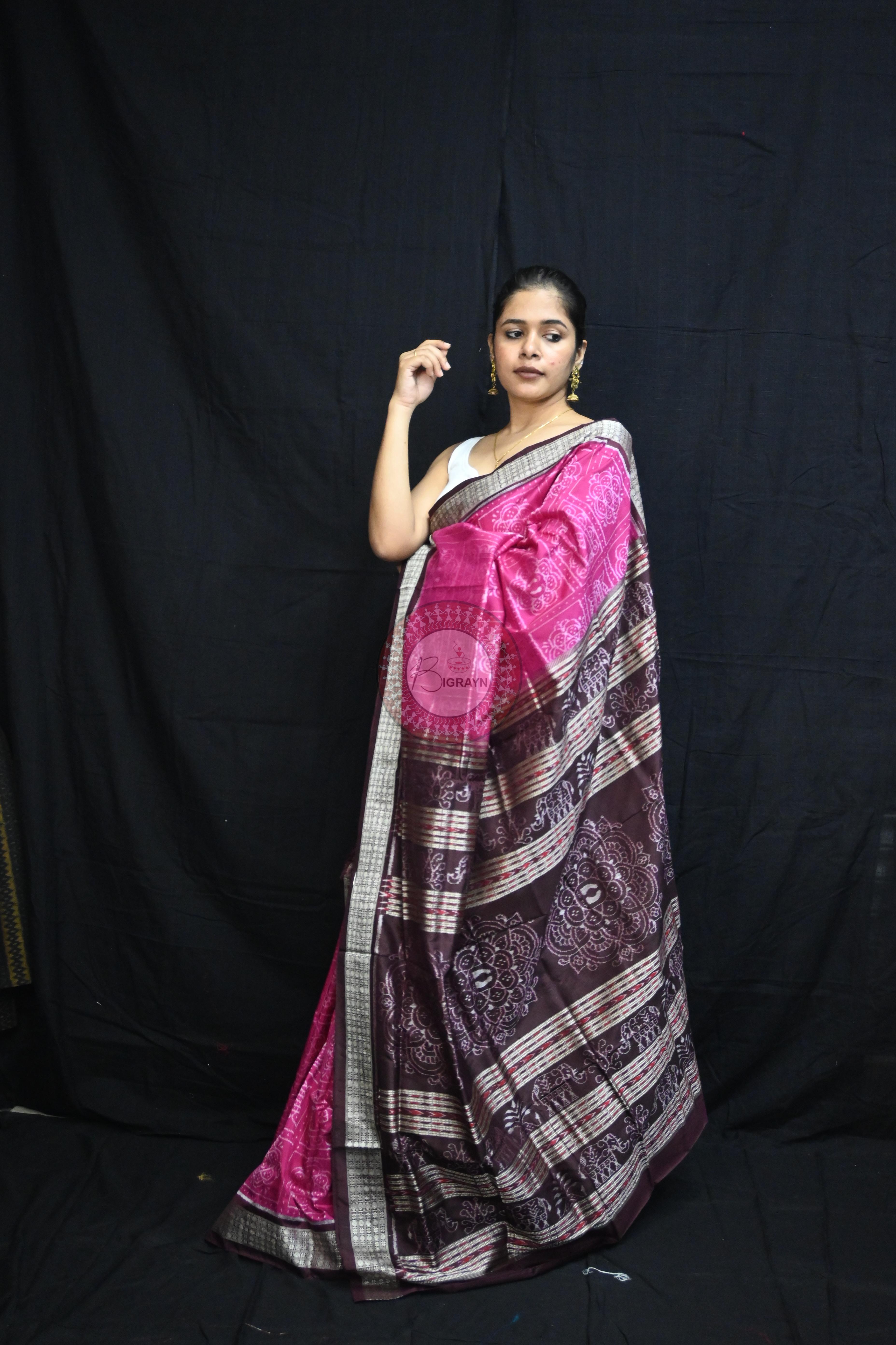 Magenta Coffee Laxmi Pada Squares Sambalpuri Silk Saree