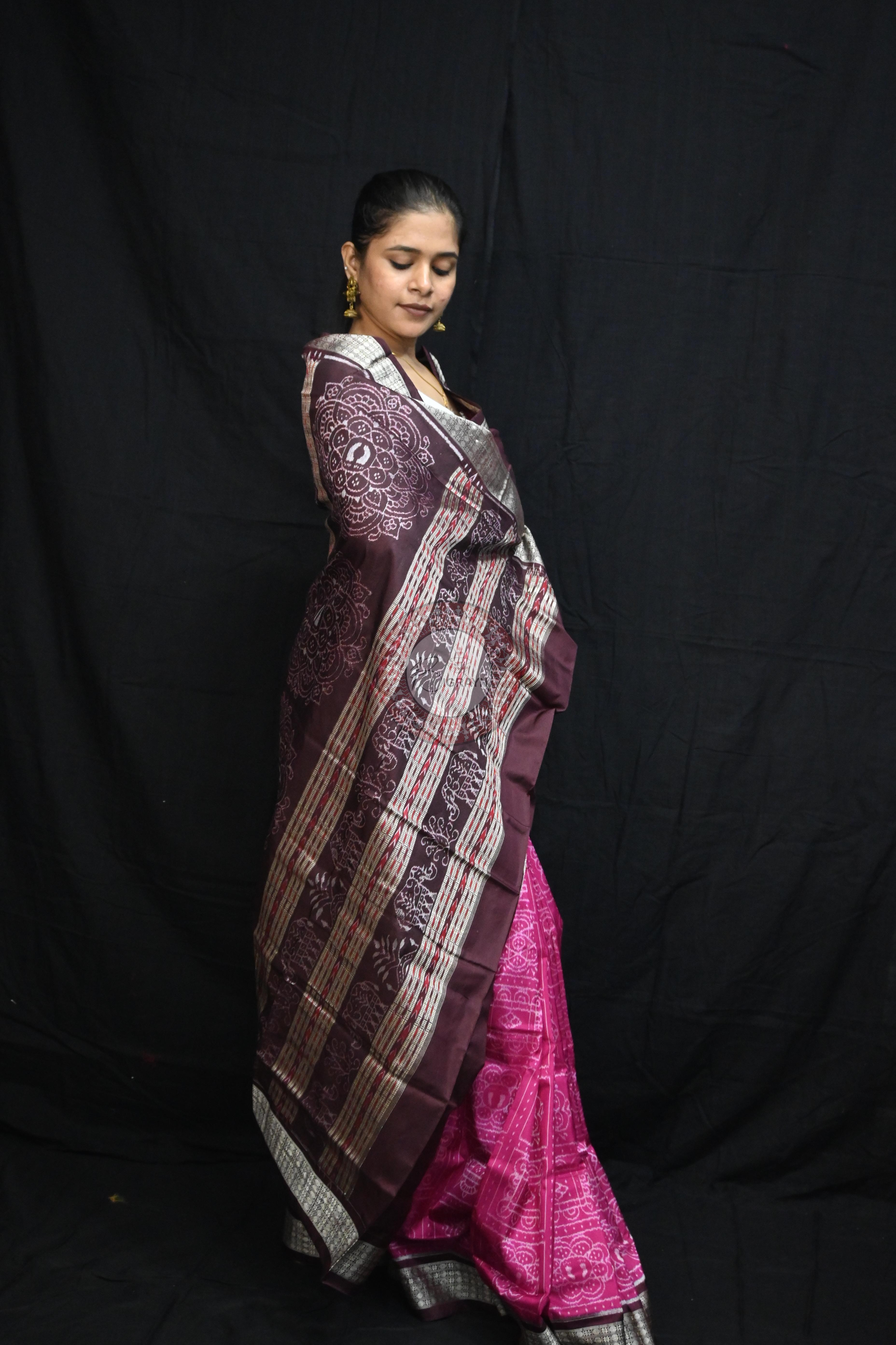 Magenta Coffee Laxmi Pada Squares Sambalpuri Silk Saree