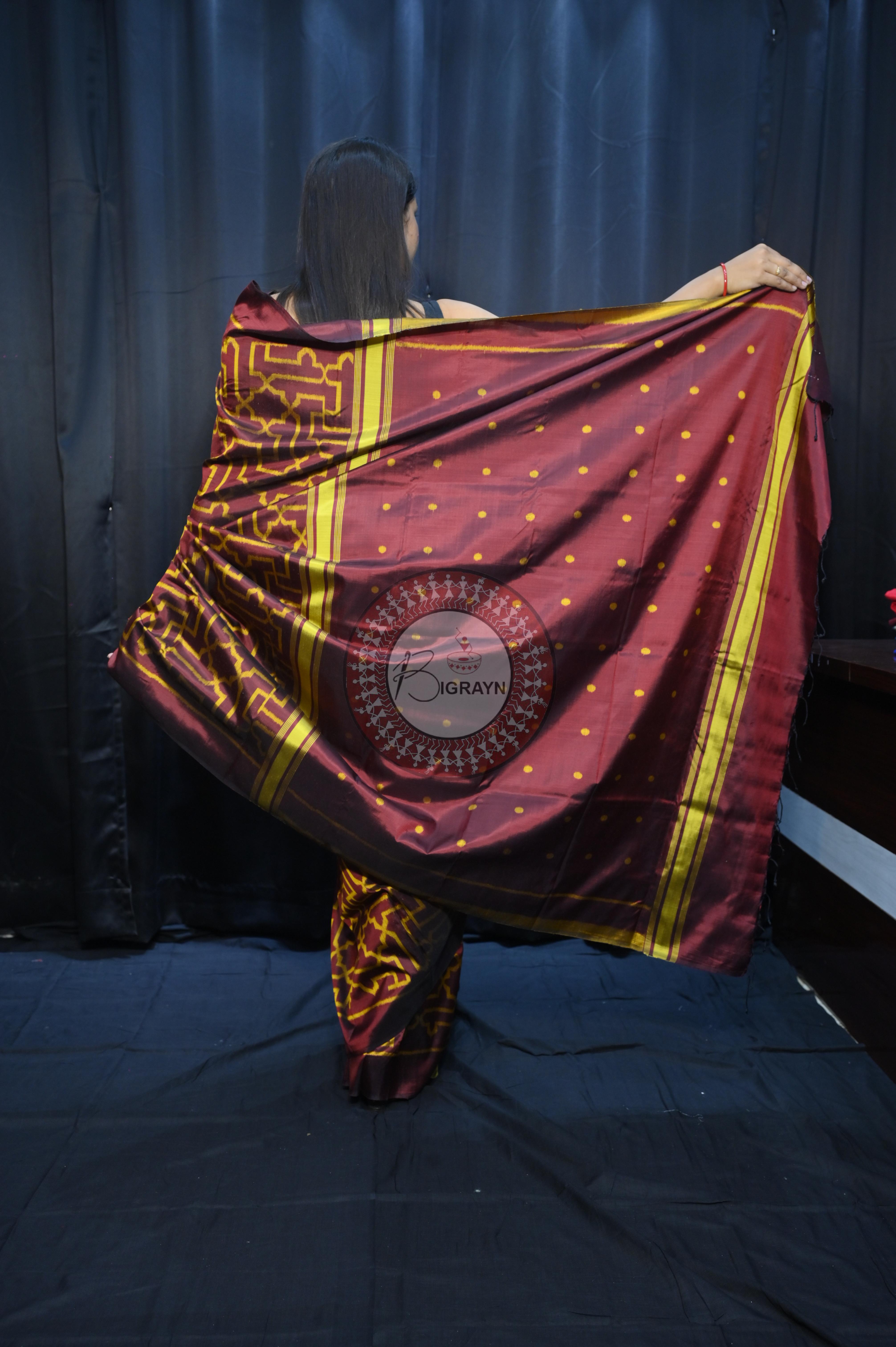 Maroon Yellow Sri Yantra Design Mulberry Silk Saree