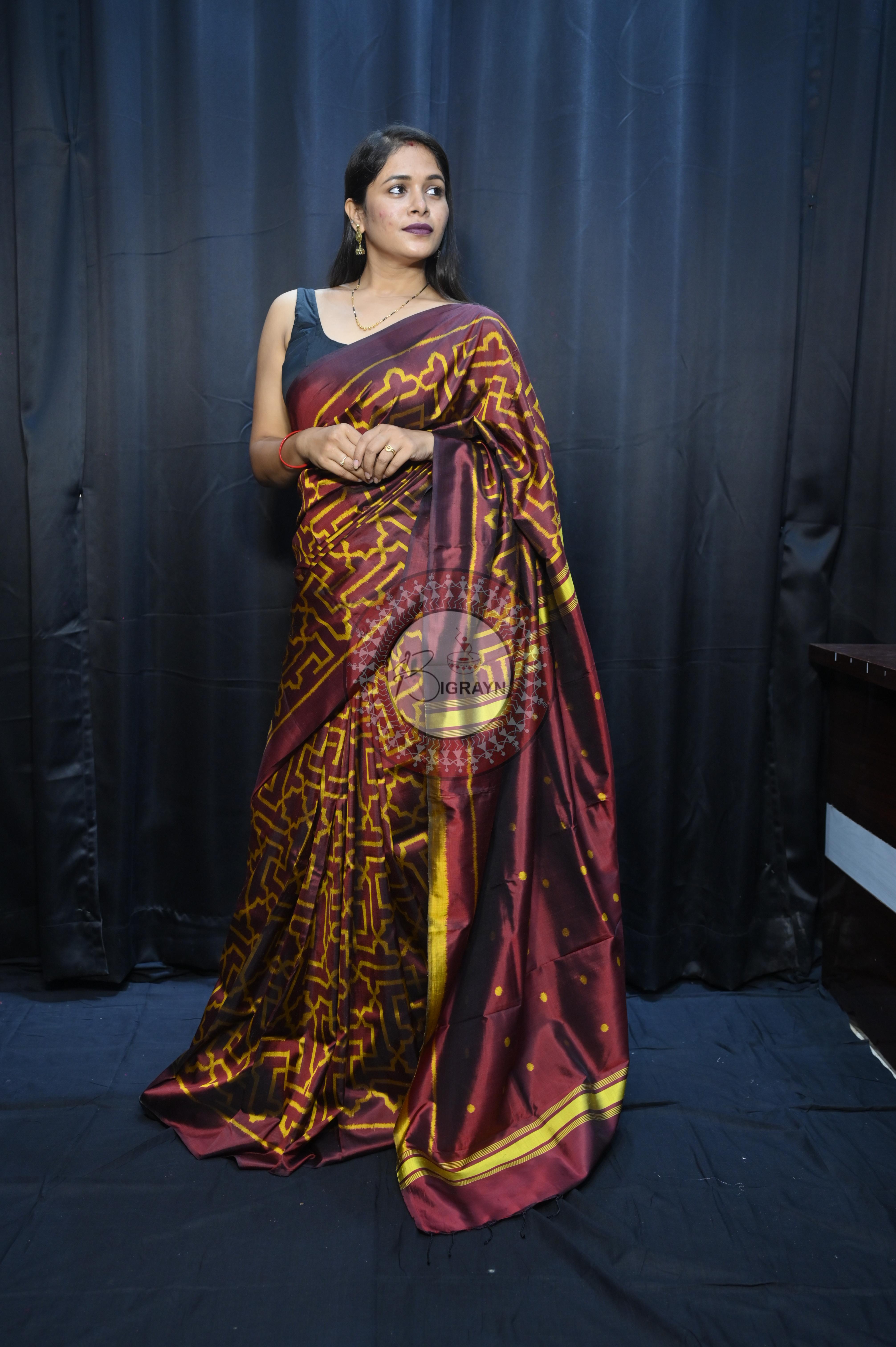 Maroon Yellow Sri Yantra Design Mulberry Silk Saree