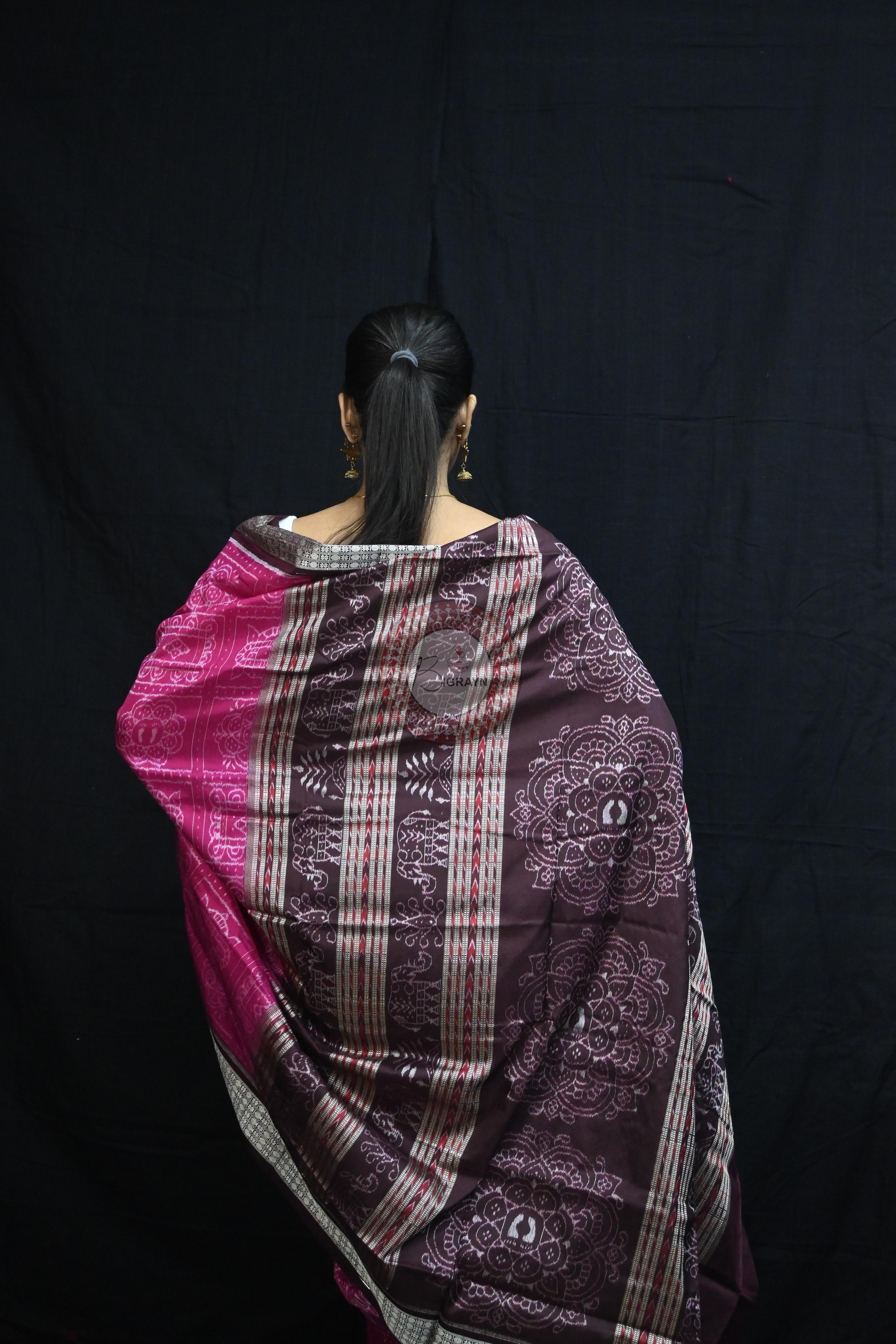 Magenta Coffee Laxmi Pada Squares Sambalpuri Silk Saree