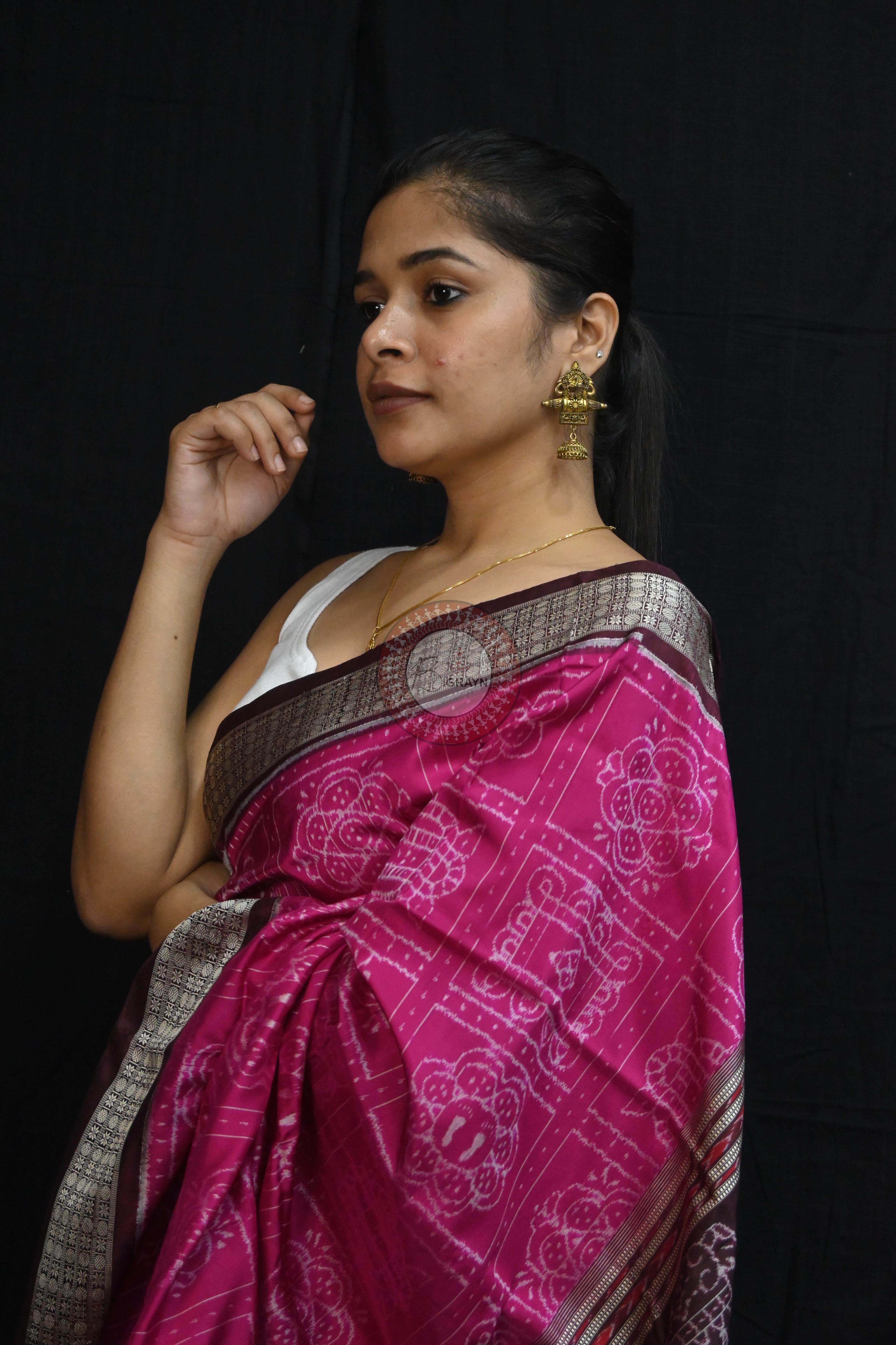 Magenta Coffee Laxmi Pada Squares Sambalpuri Silk Saree