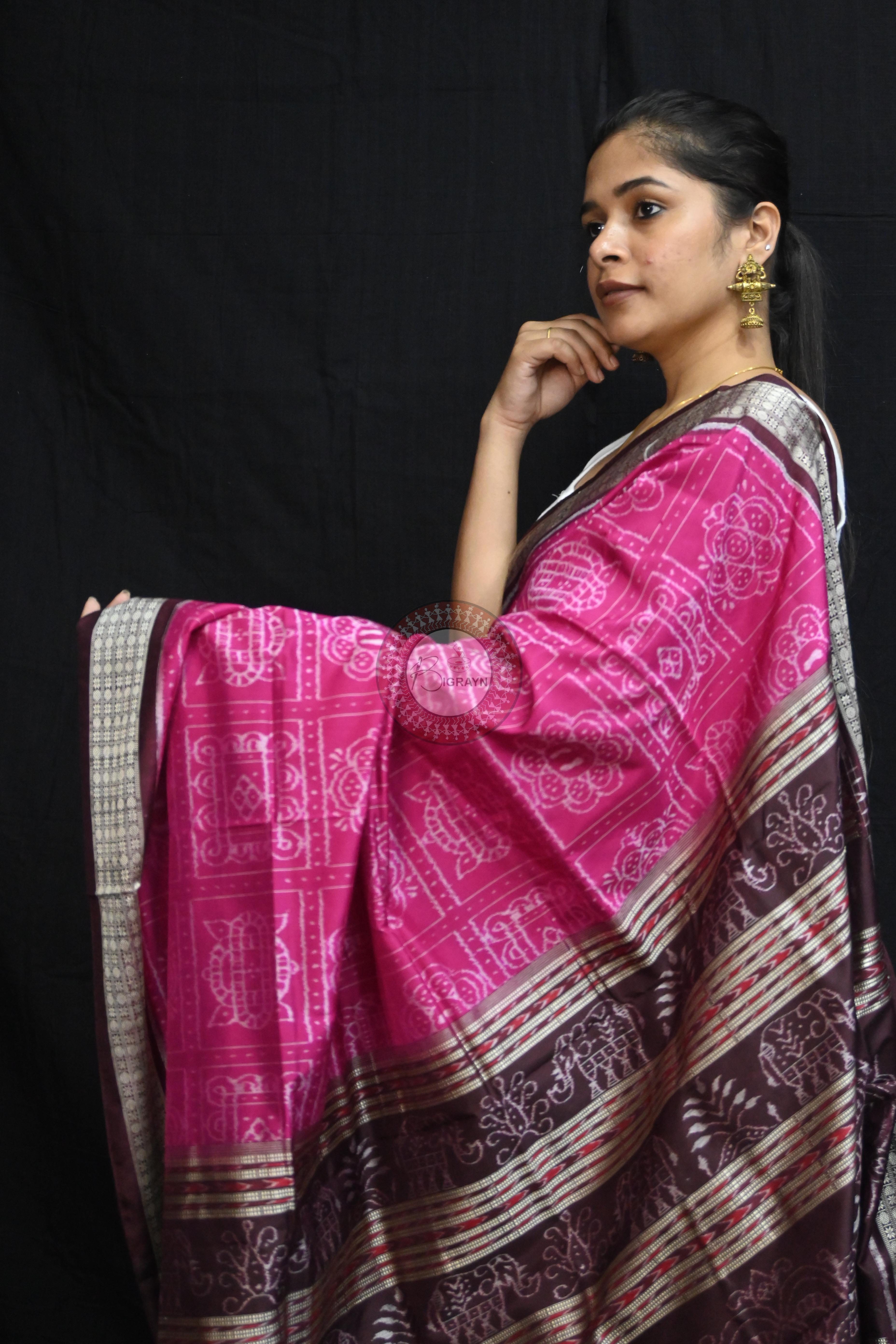 Magenta Coffee Laxmi Pada Squares Sambalpuri Silk Saree