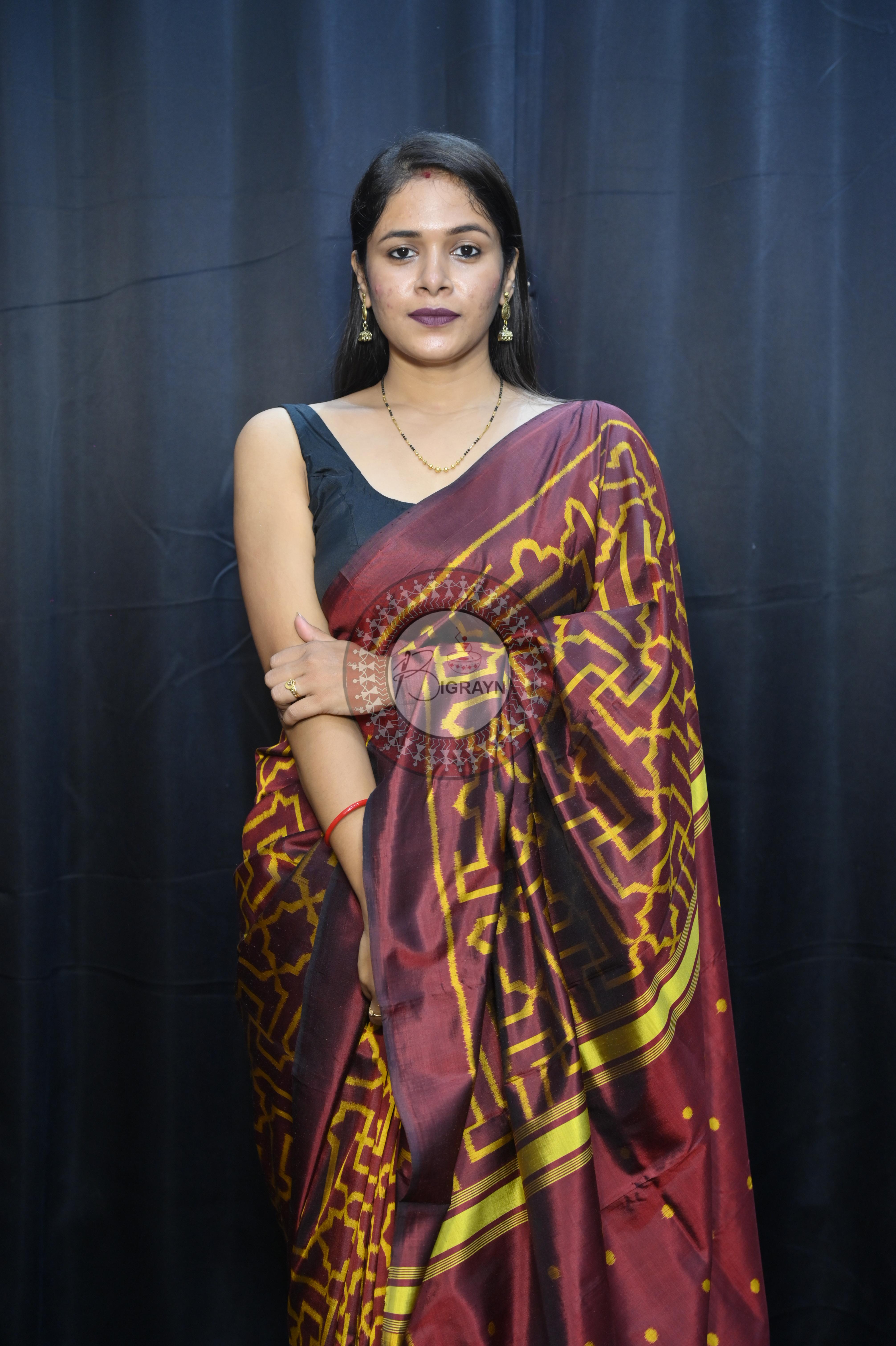 Maroon Yellow Sri Yantra Design Mulberry Silk Saree