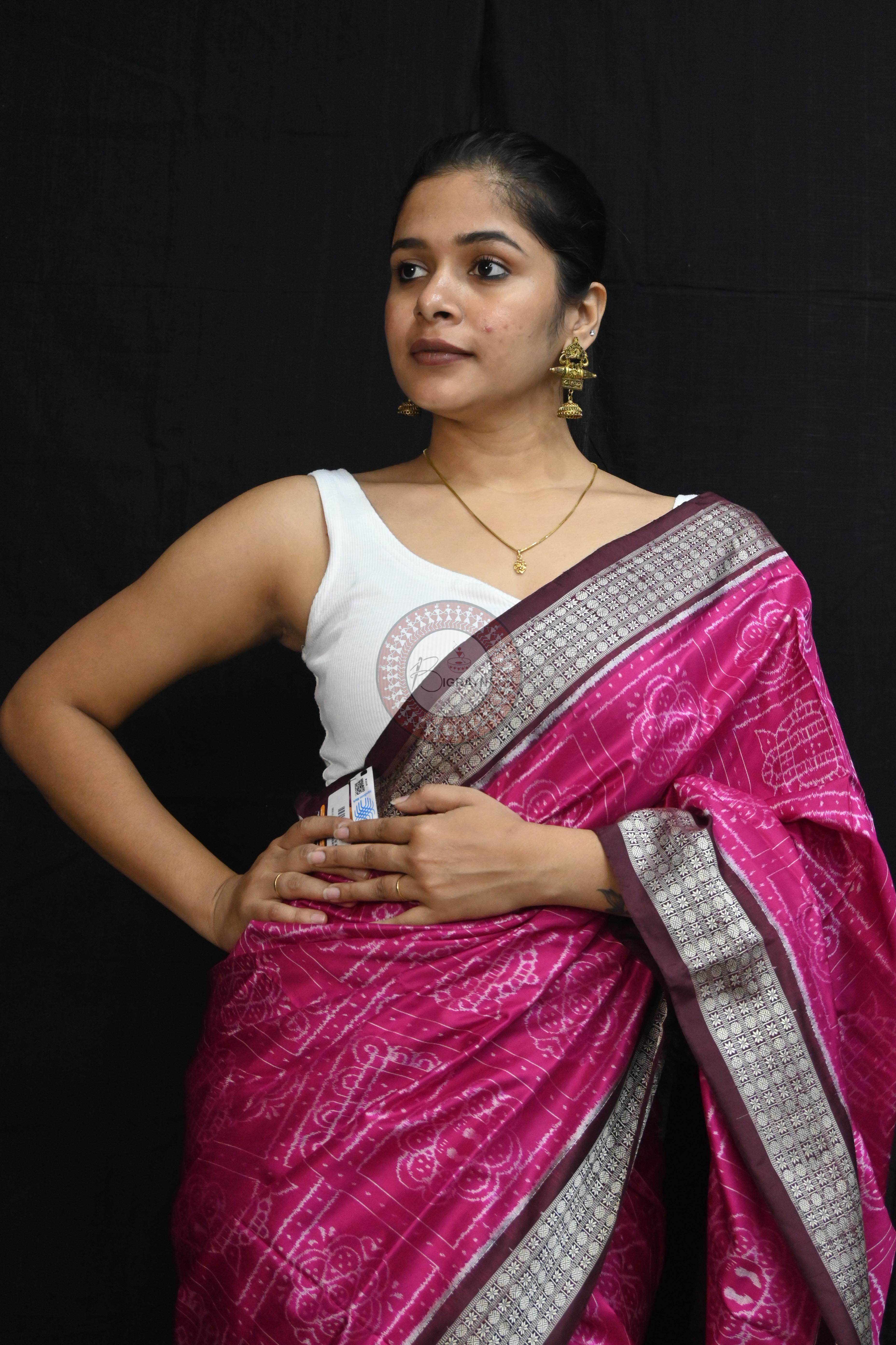 Magenta Coffee Laxmi Pada Squares Sambalpuri Silk Saree