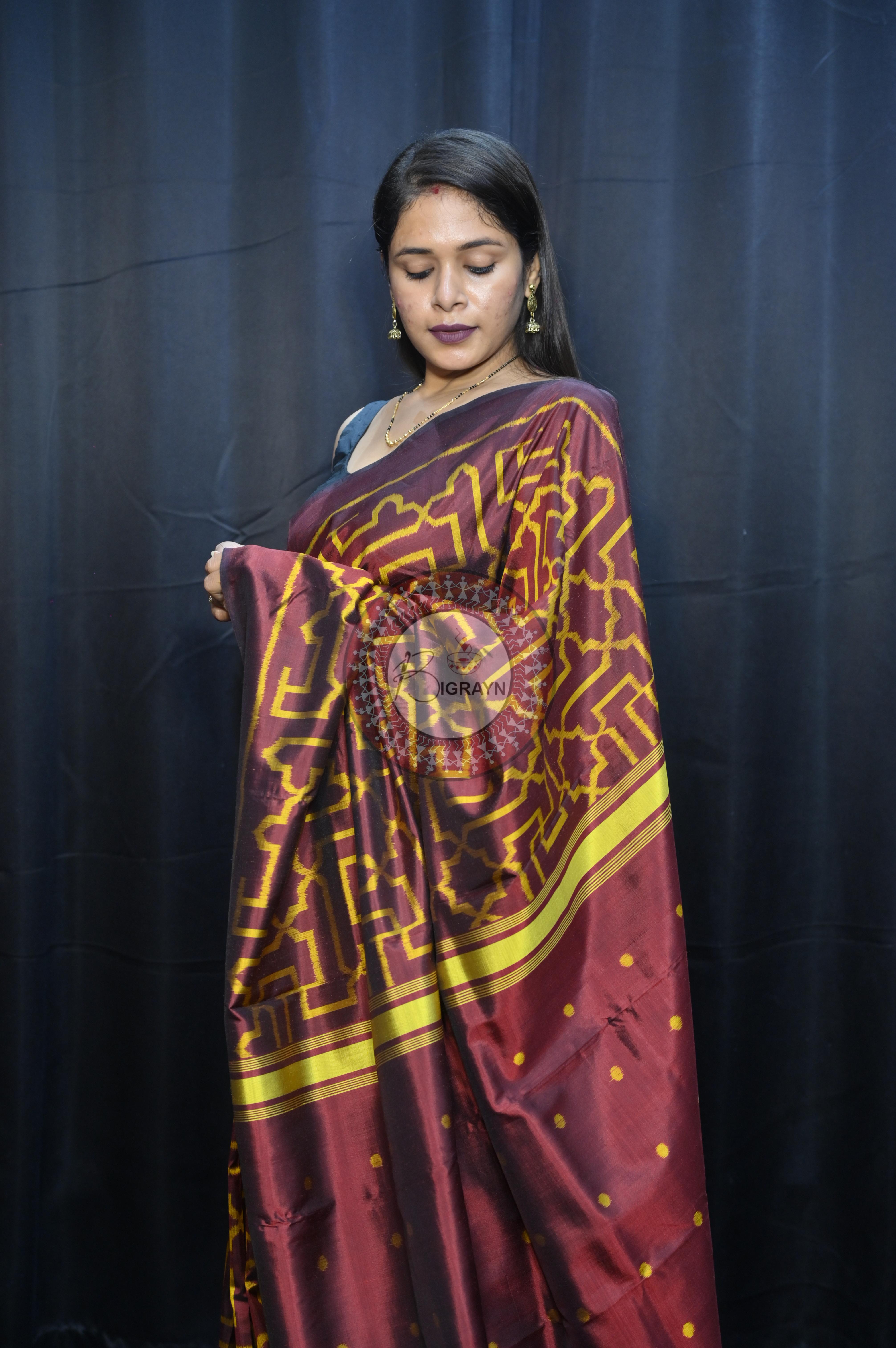 Maroon Yellow Sri Yantra Design Mulberry Silk Saree