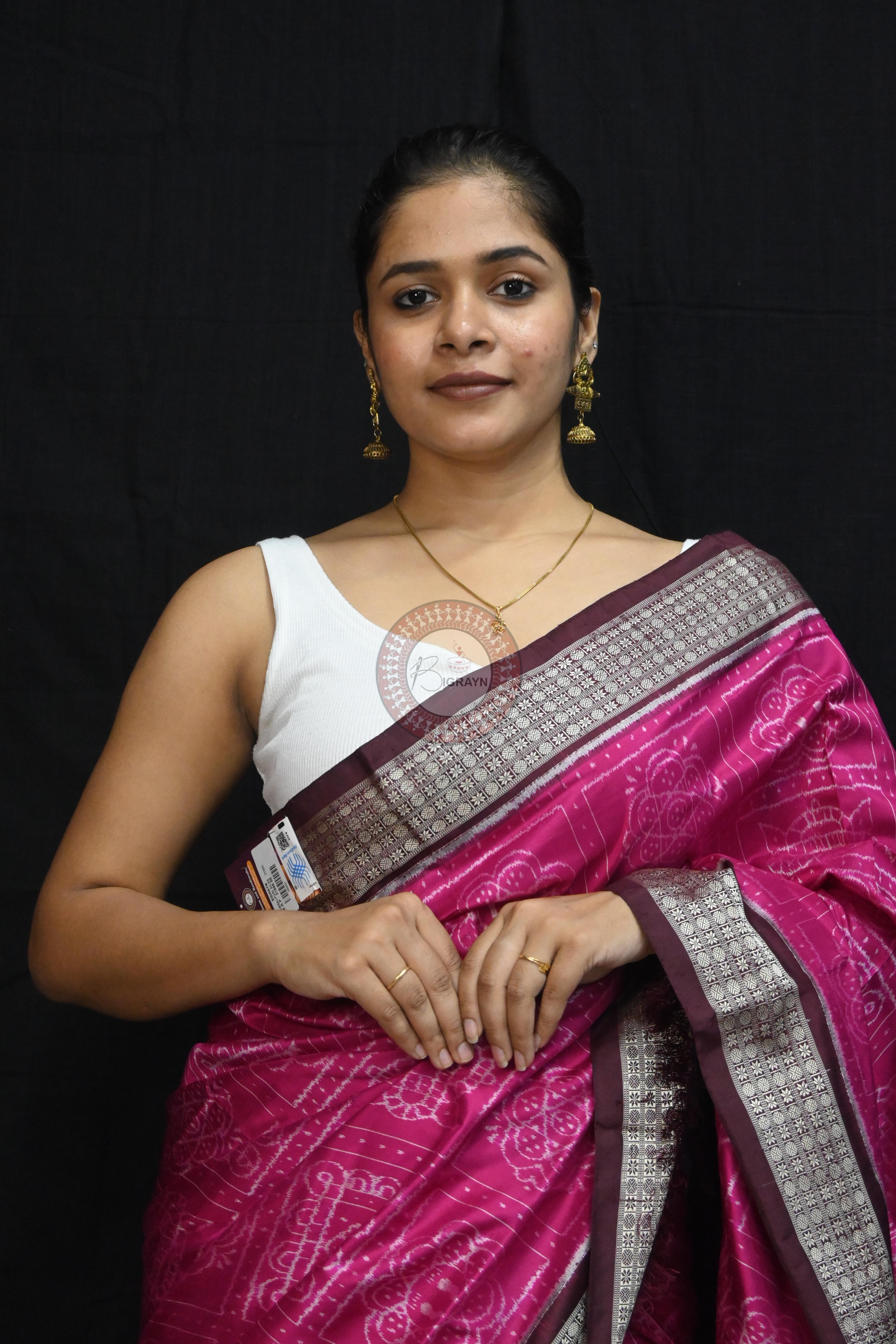 Magenta Coffee Laxmi Pada Squares Sambalpuri Silk Saree