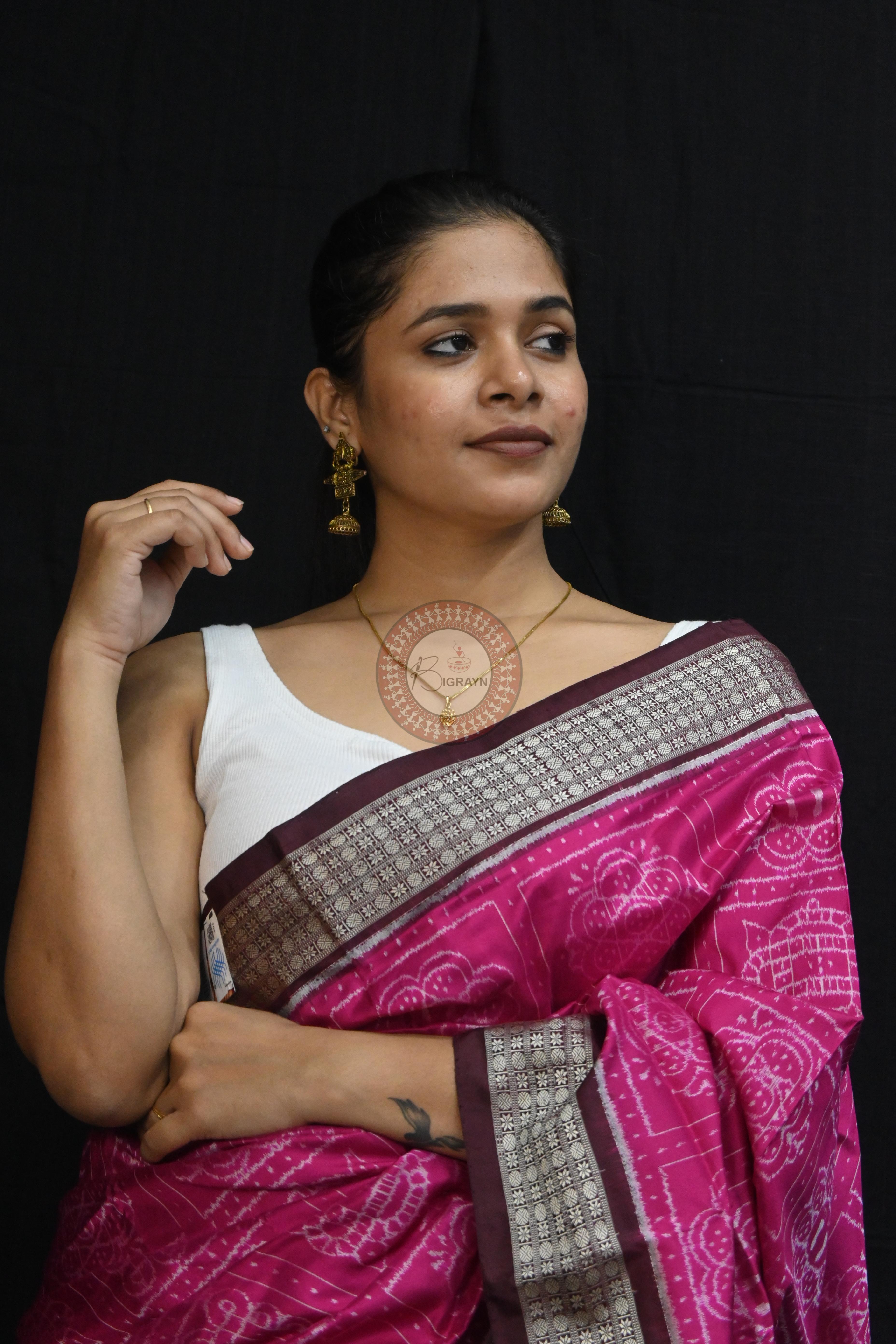 Magenta Coffee Laxmi Pada Squares Sambalpuri Silk Saree