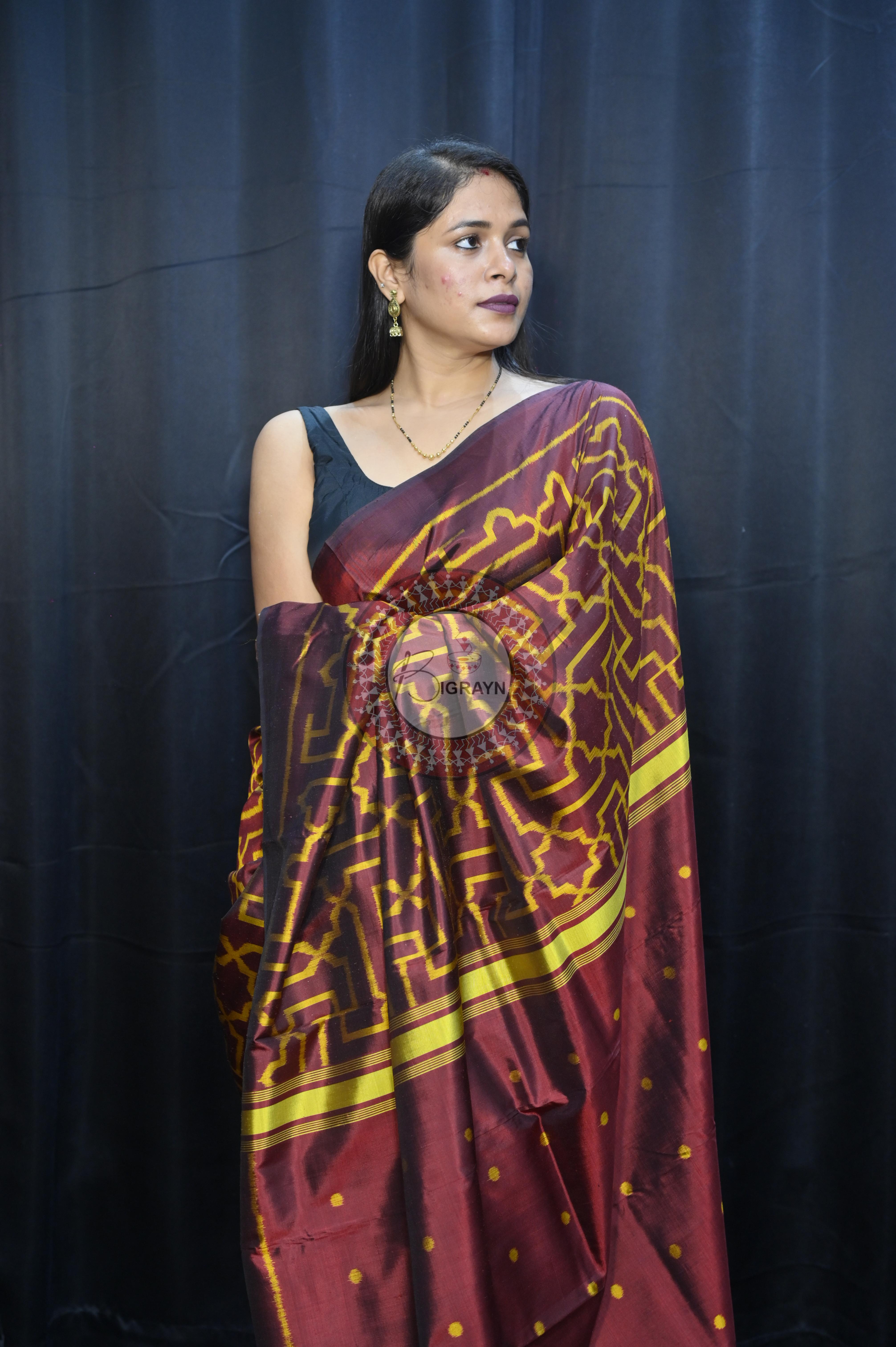 Maroon Yellow Sri Yantra Design Mulberry Silk Saree