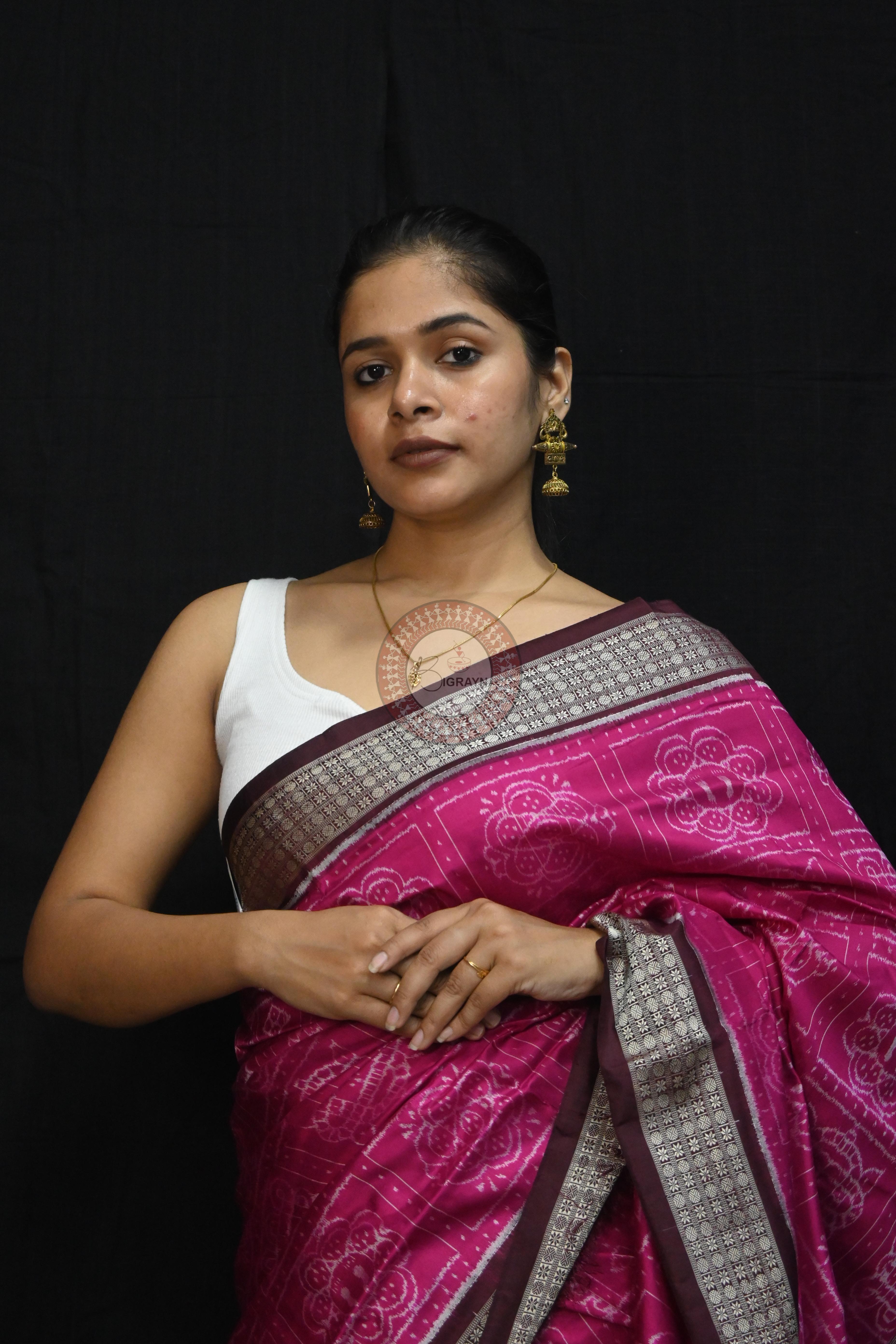 Magenta Coffee Laxmi Pada Squares Sambalpuri Silk Saree
