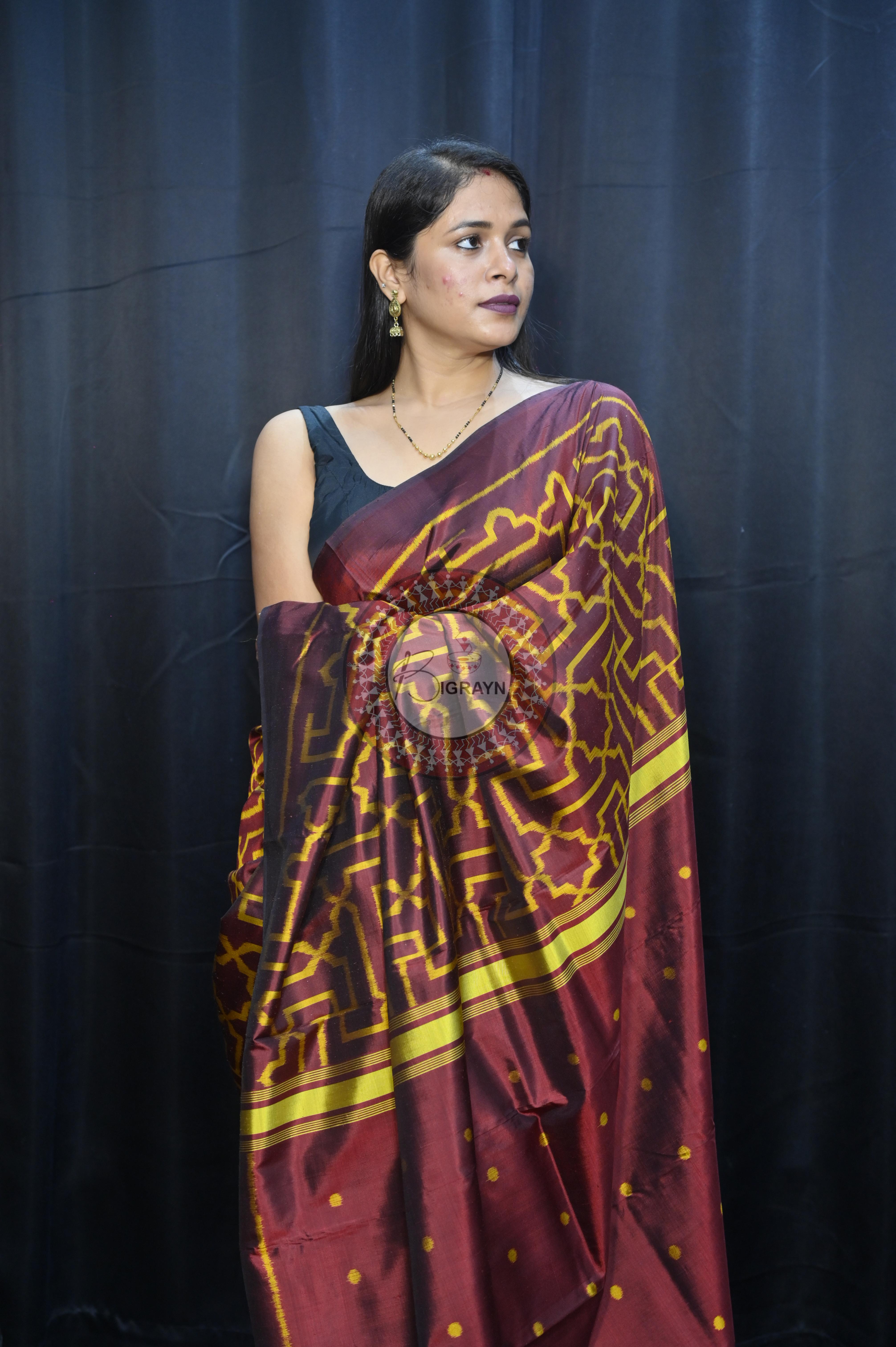 Maroon Yellow Sri Yantra Design Mulberry Silk Saree
