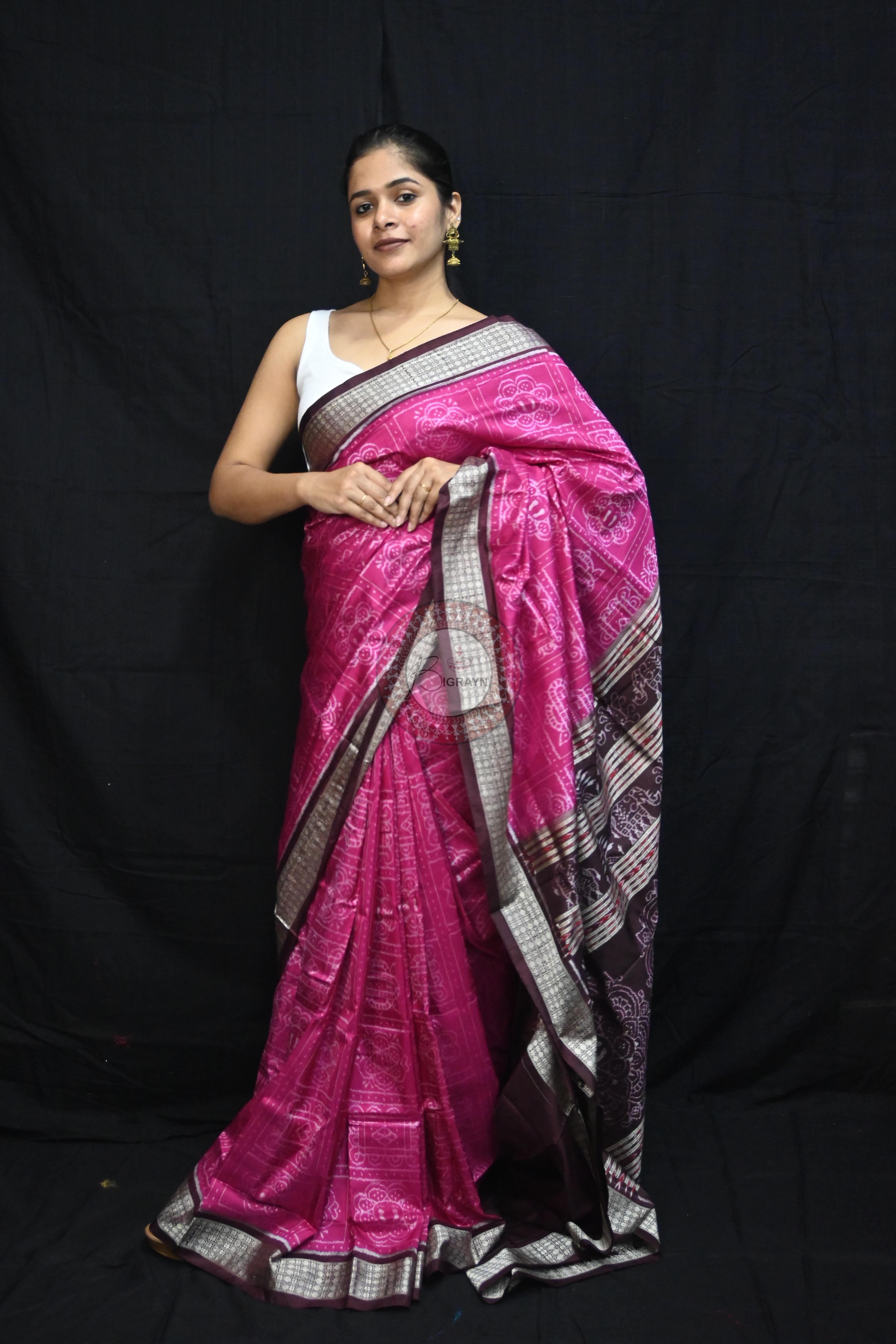 Magenta Coffee Laxmi Pada Squares Sambalpuri Silk Saree