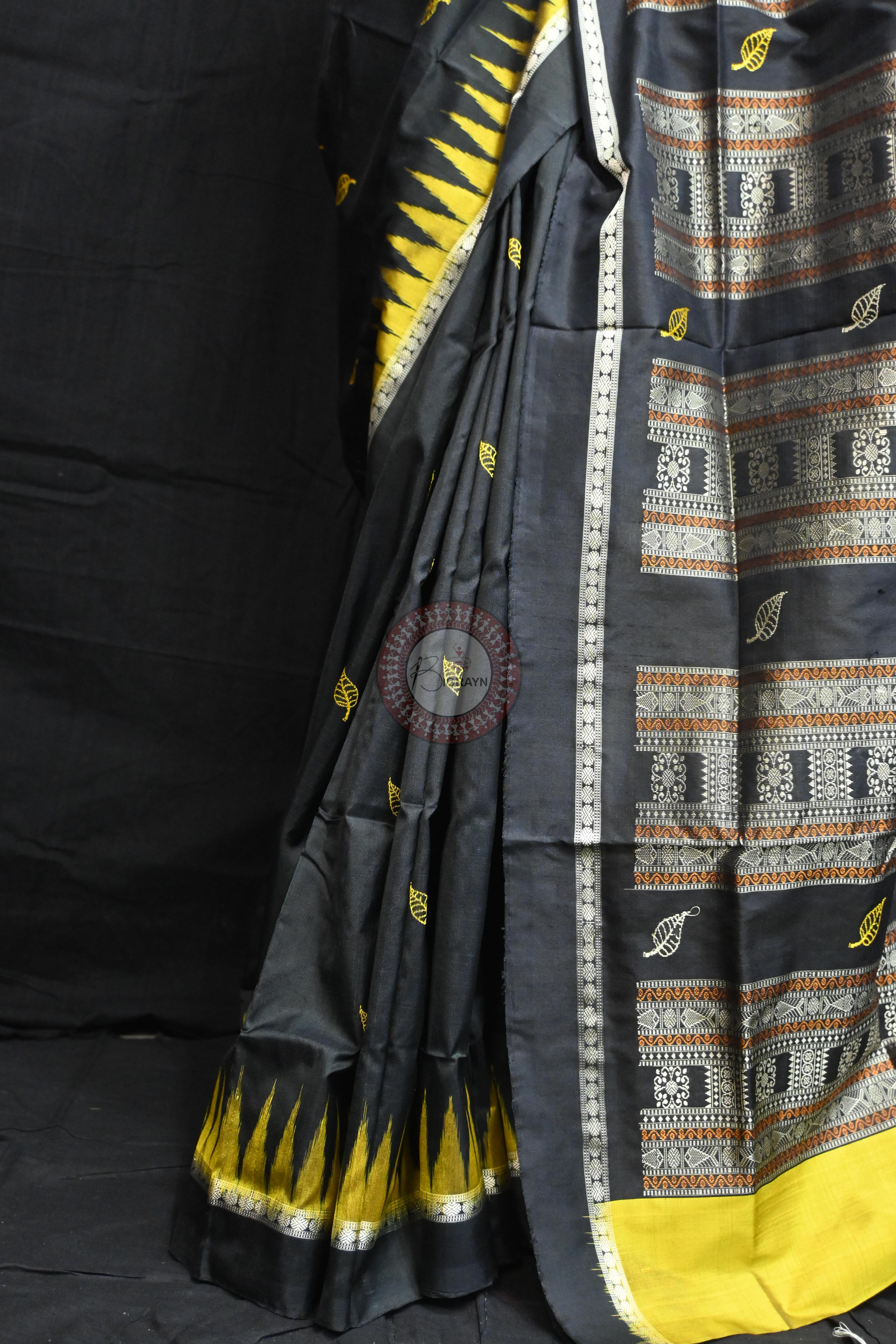 Black Yellow Leafs Bomkai Silk Saree