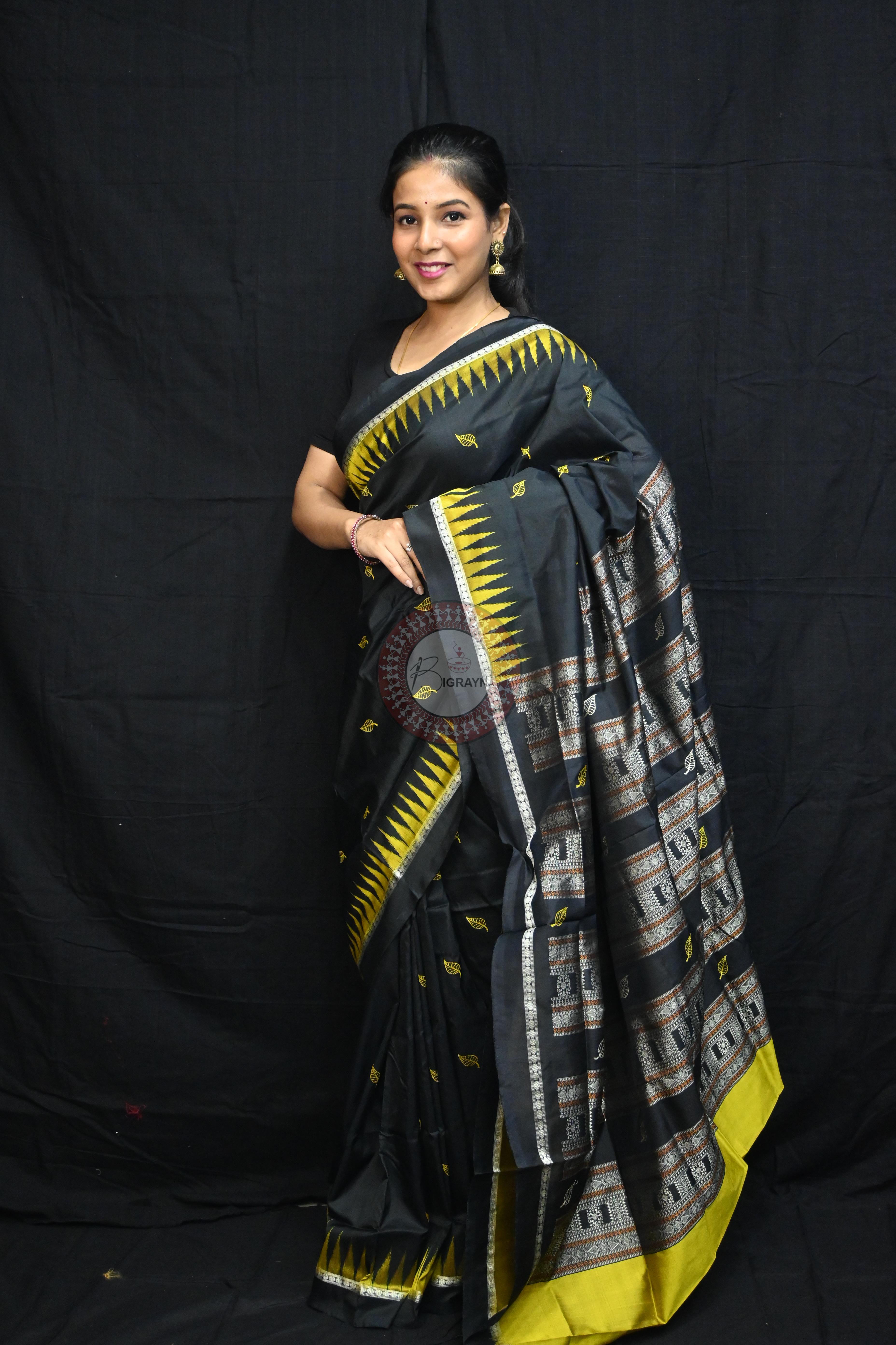 Black Yellow Leafs Bomkai Silk Saree