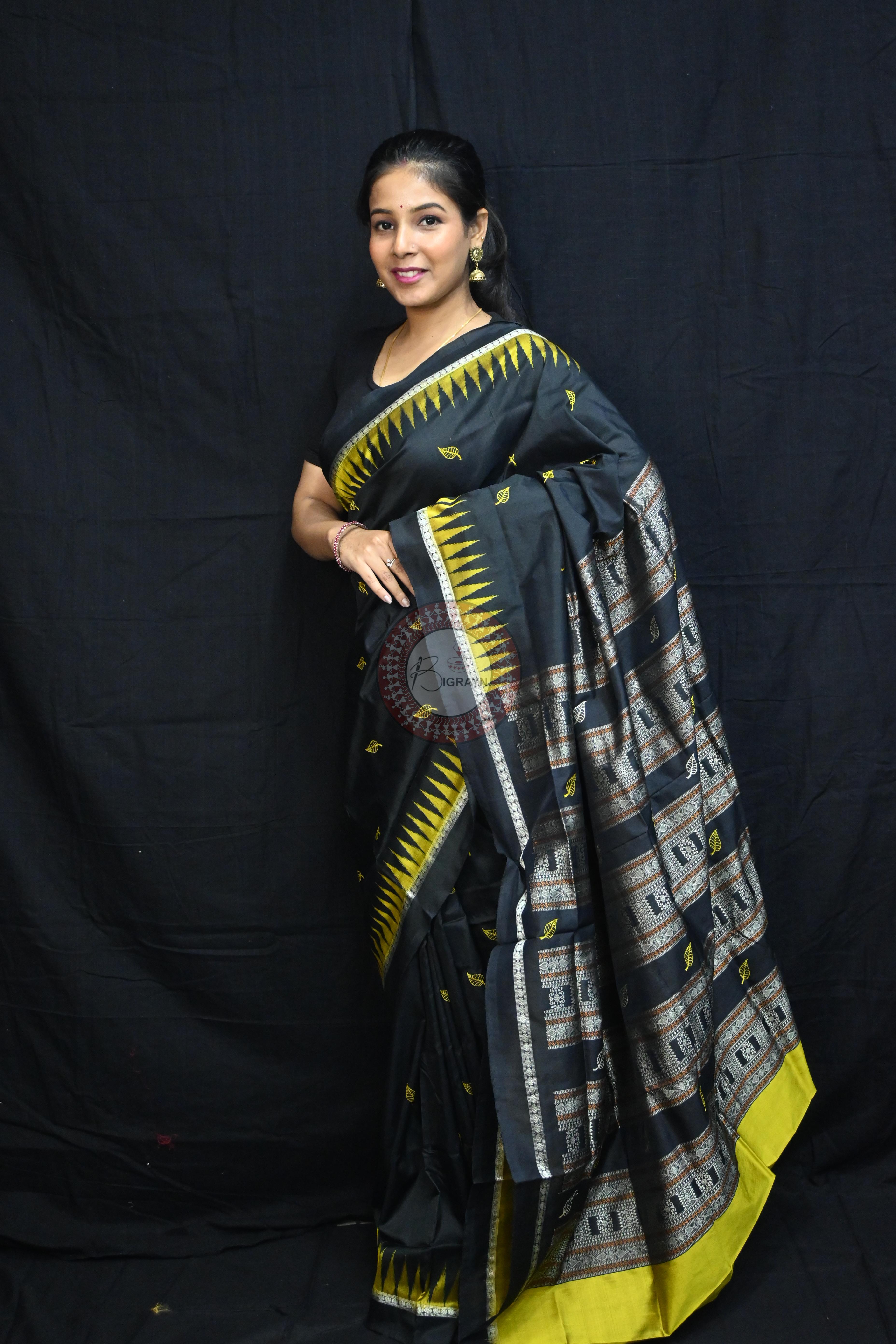 Black Yellow Leafs Bomkai Silk Saree