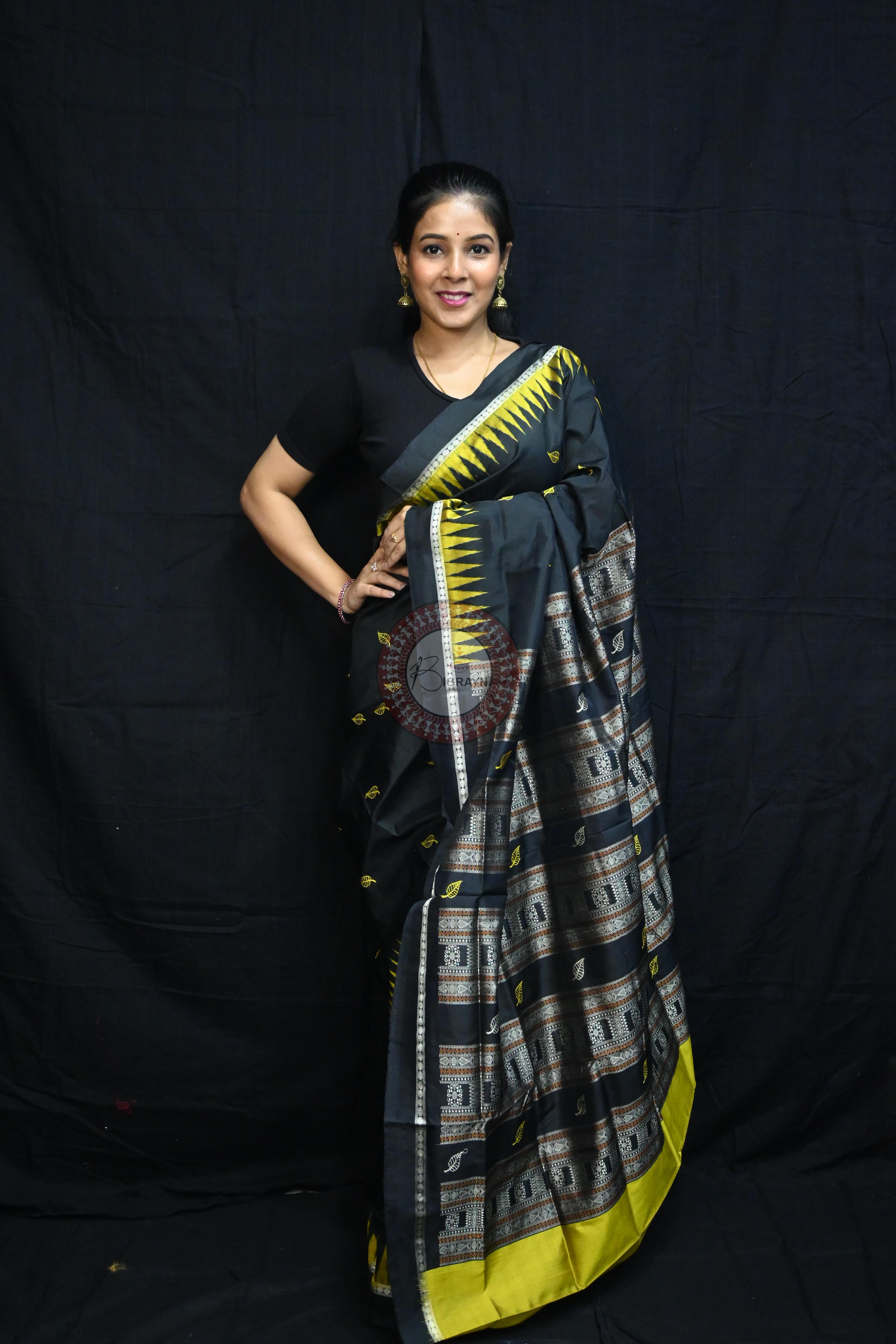 Black Yellow Leafs Bomkai Silk Saree