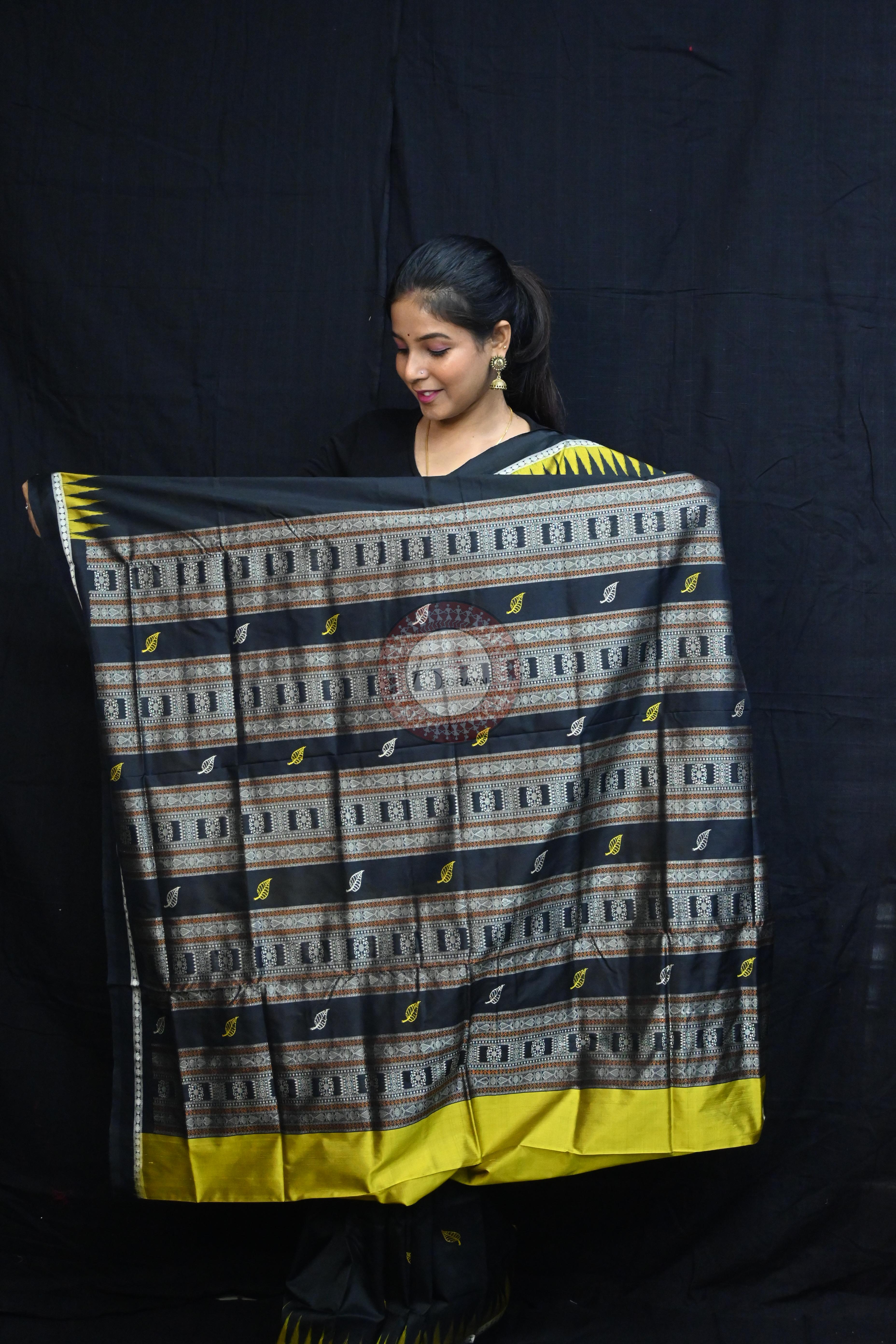 Black Yellow Leafs Bomkai Silk Saree