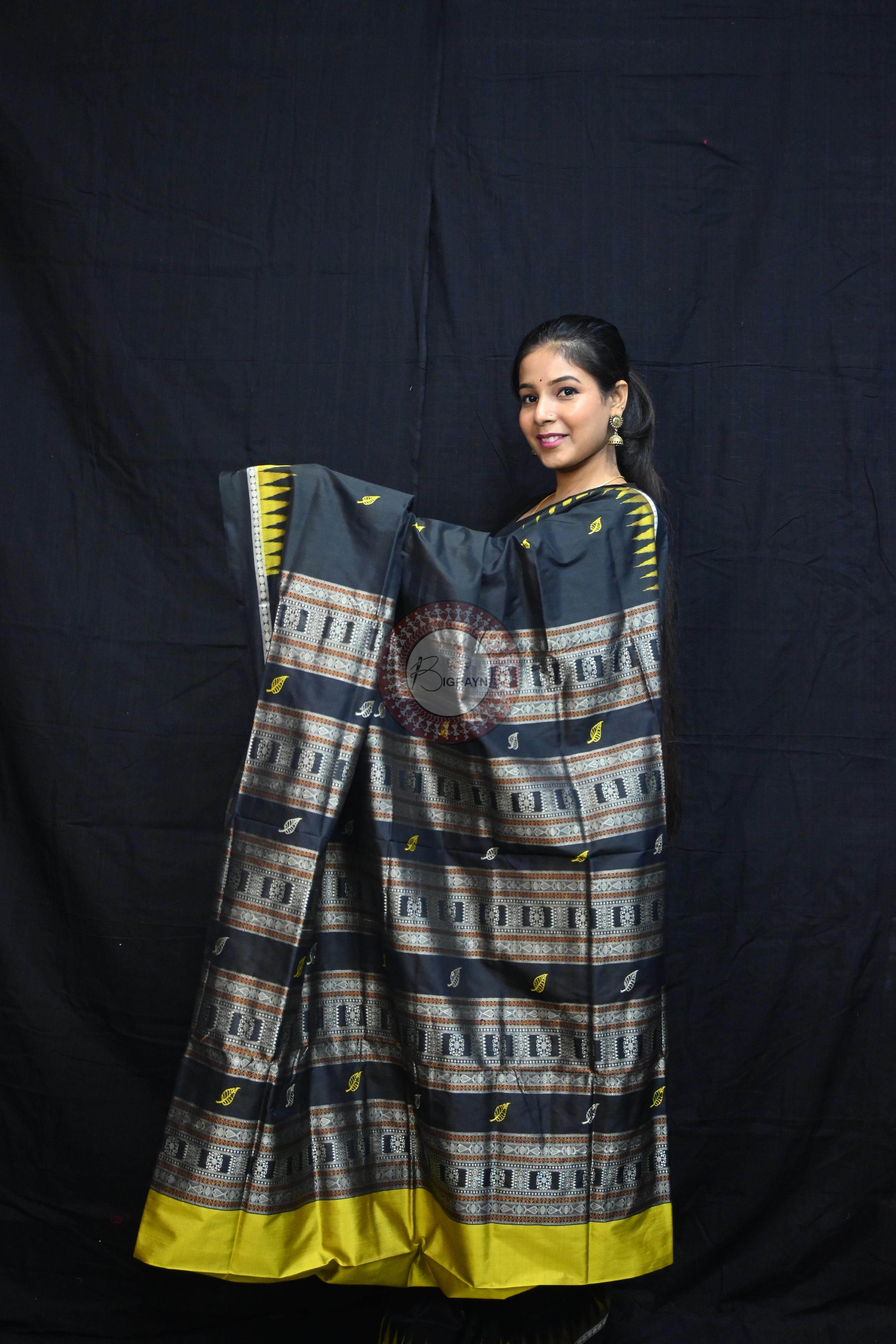 Black Yellow Leafs Bomkai Silk Saree