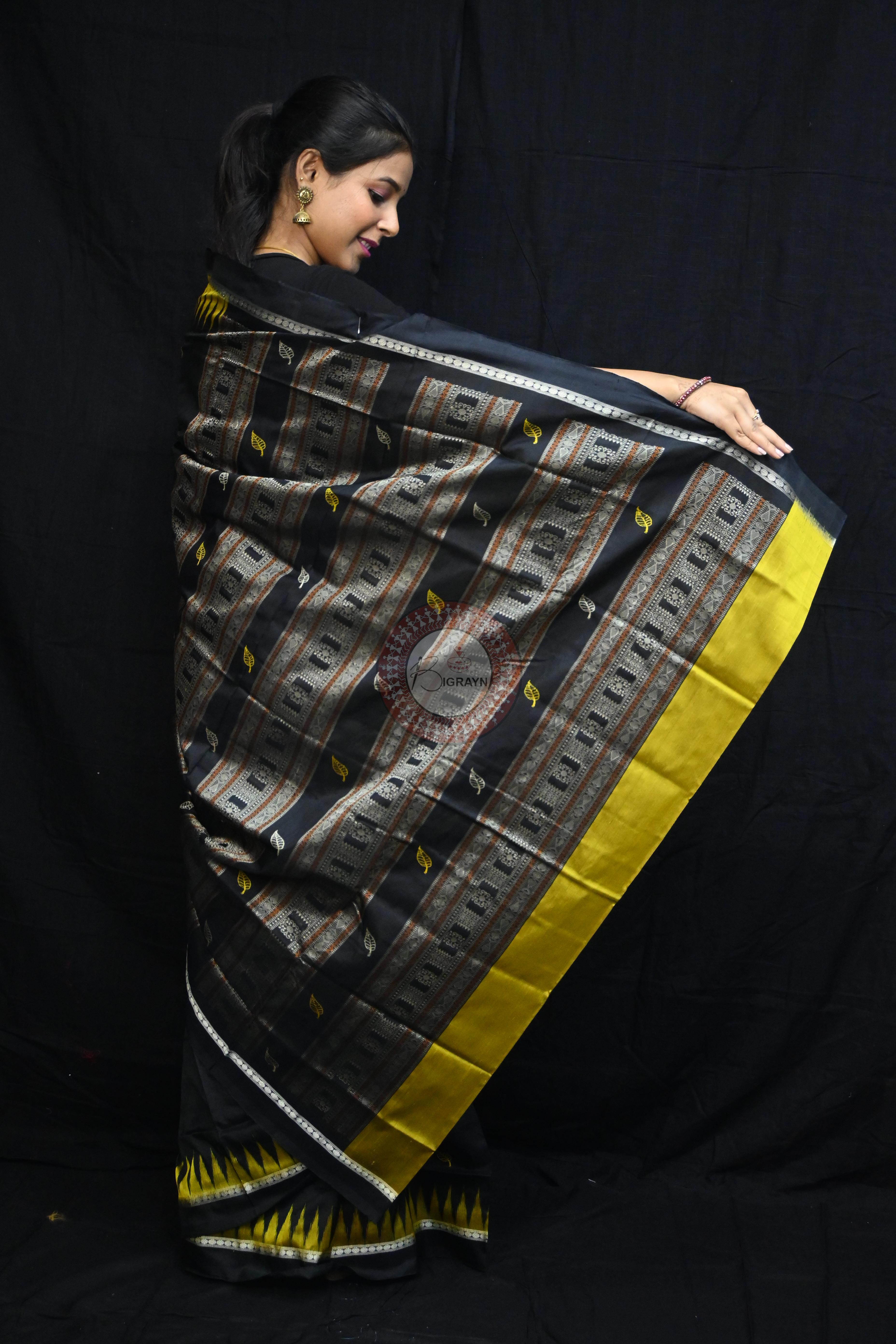 Black Yellow Leafs Bomkai Silk Saree