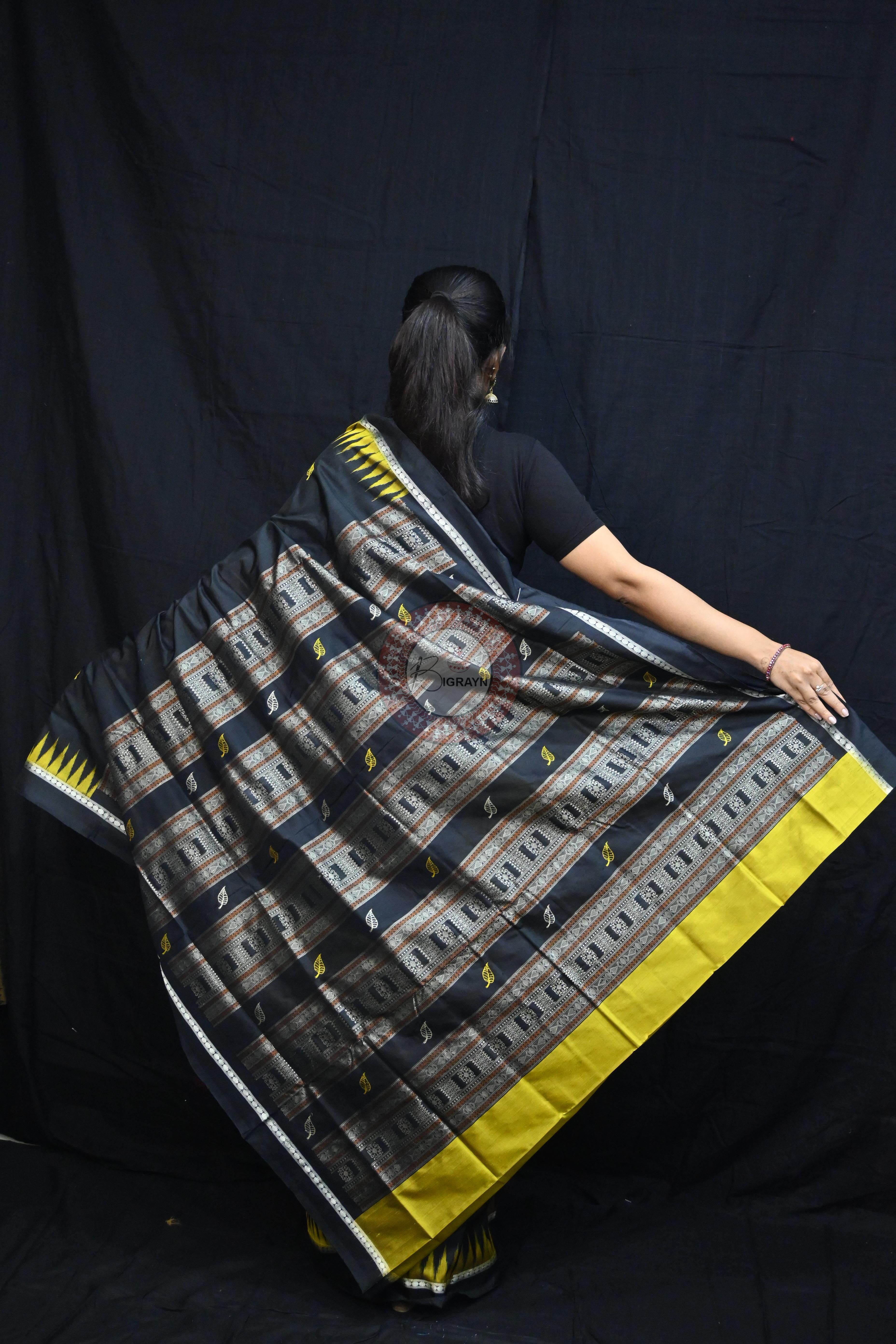 Black Yellow Leafs Bomkai Silk Saree