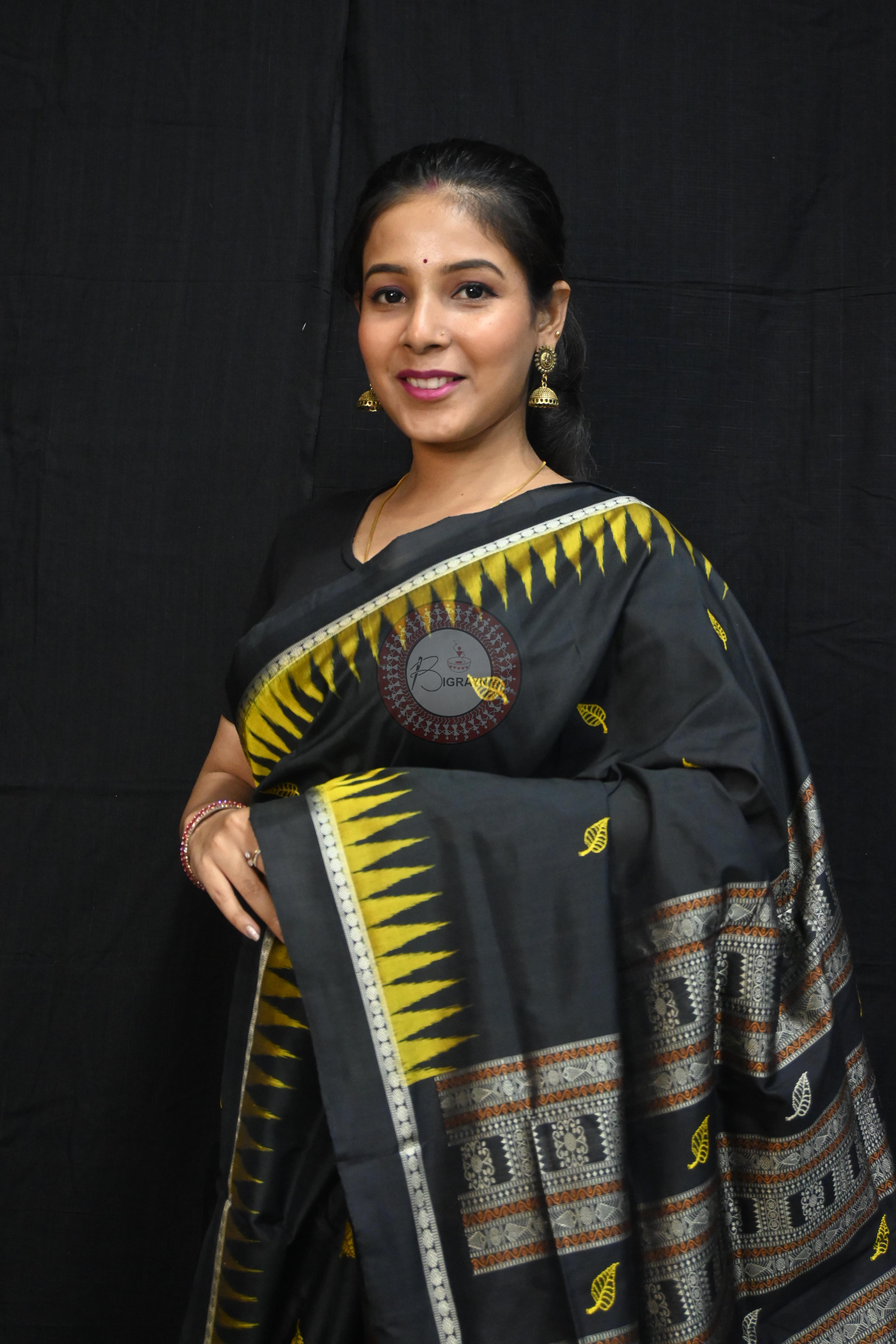 Black Yellow Leafs Bomkai Silk Saree