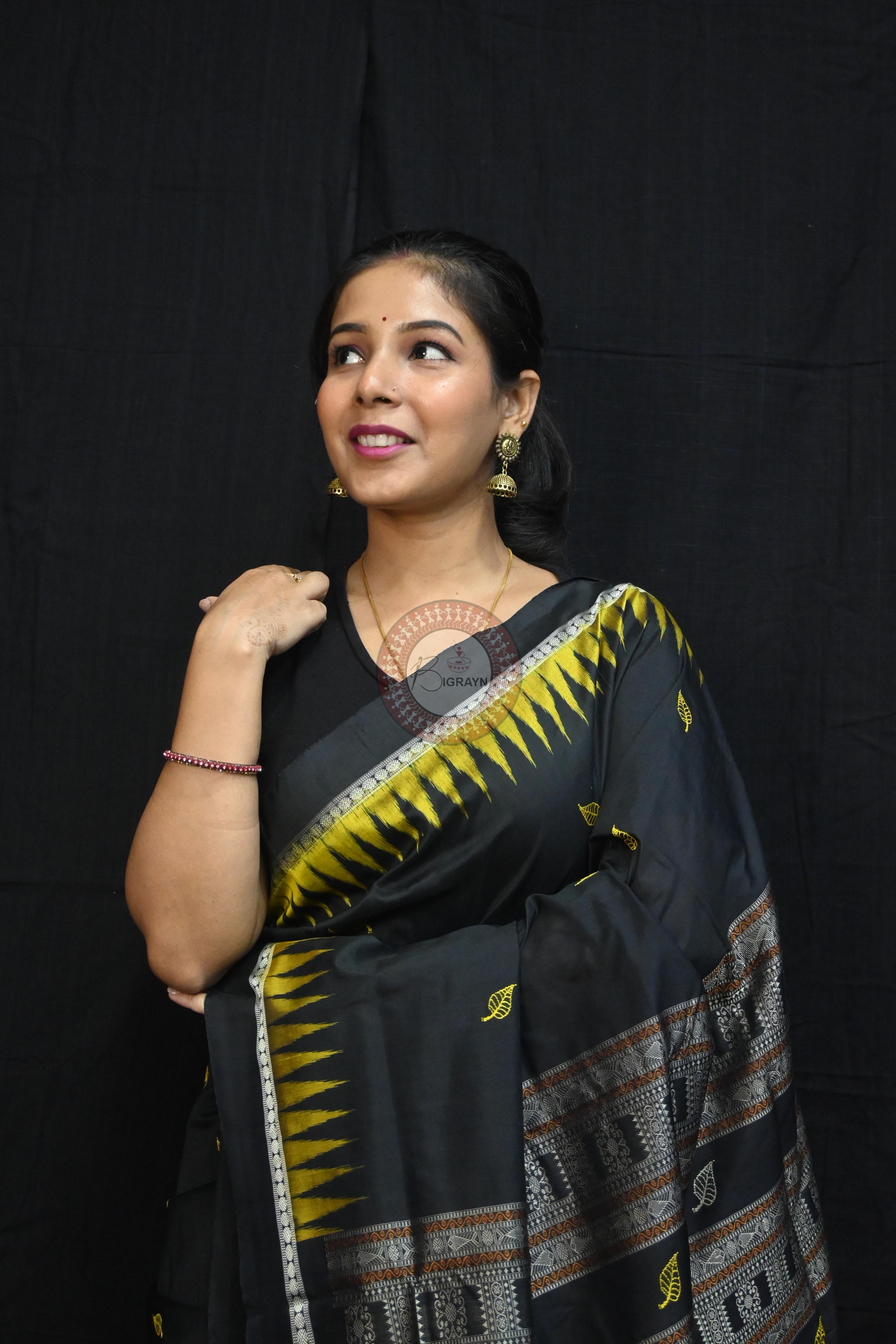 Black Yellow Leafs Bomkai Silk Saree