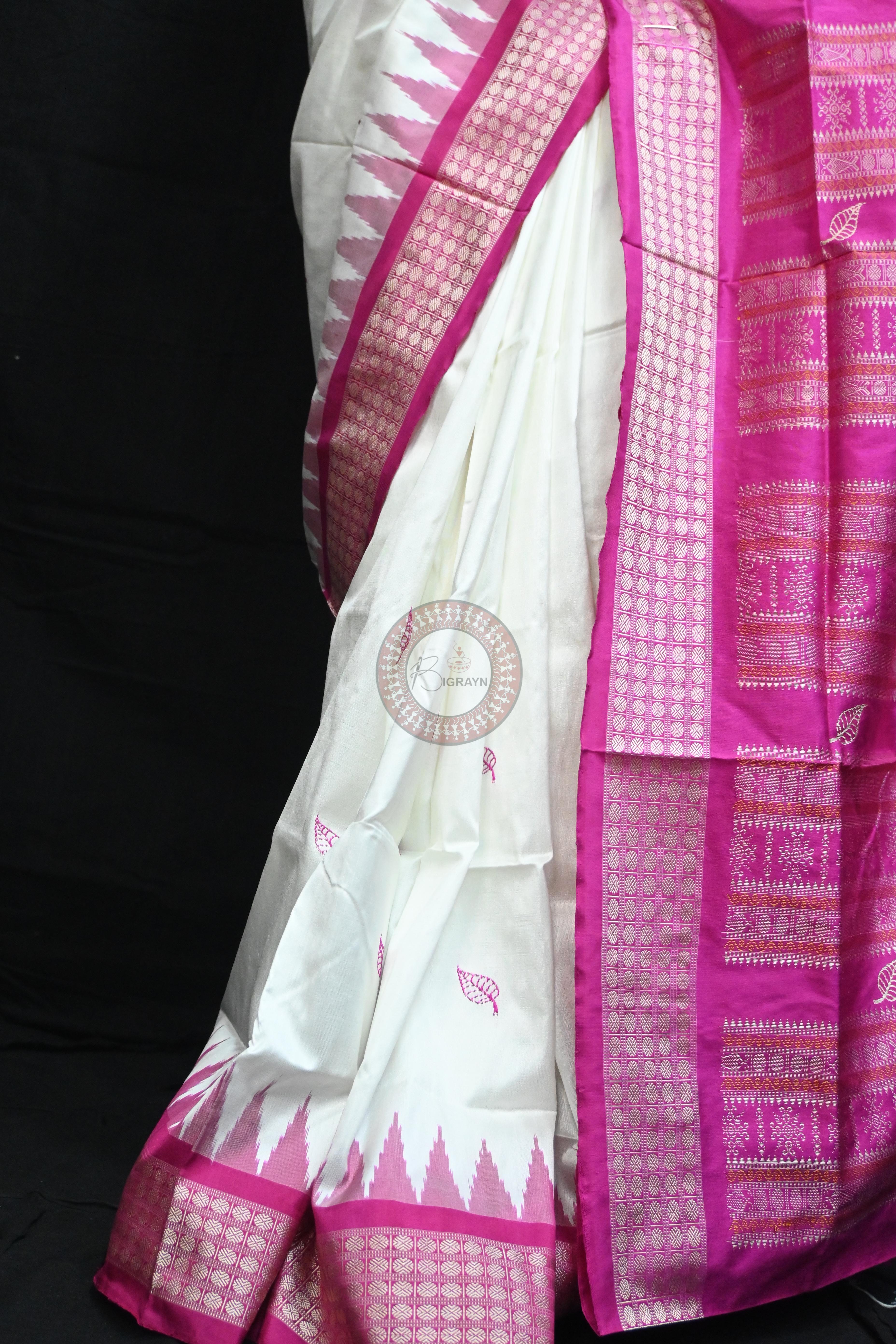 White Magenta Leafs Bomkai Silk Saree