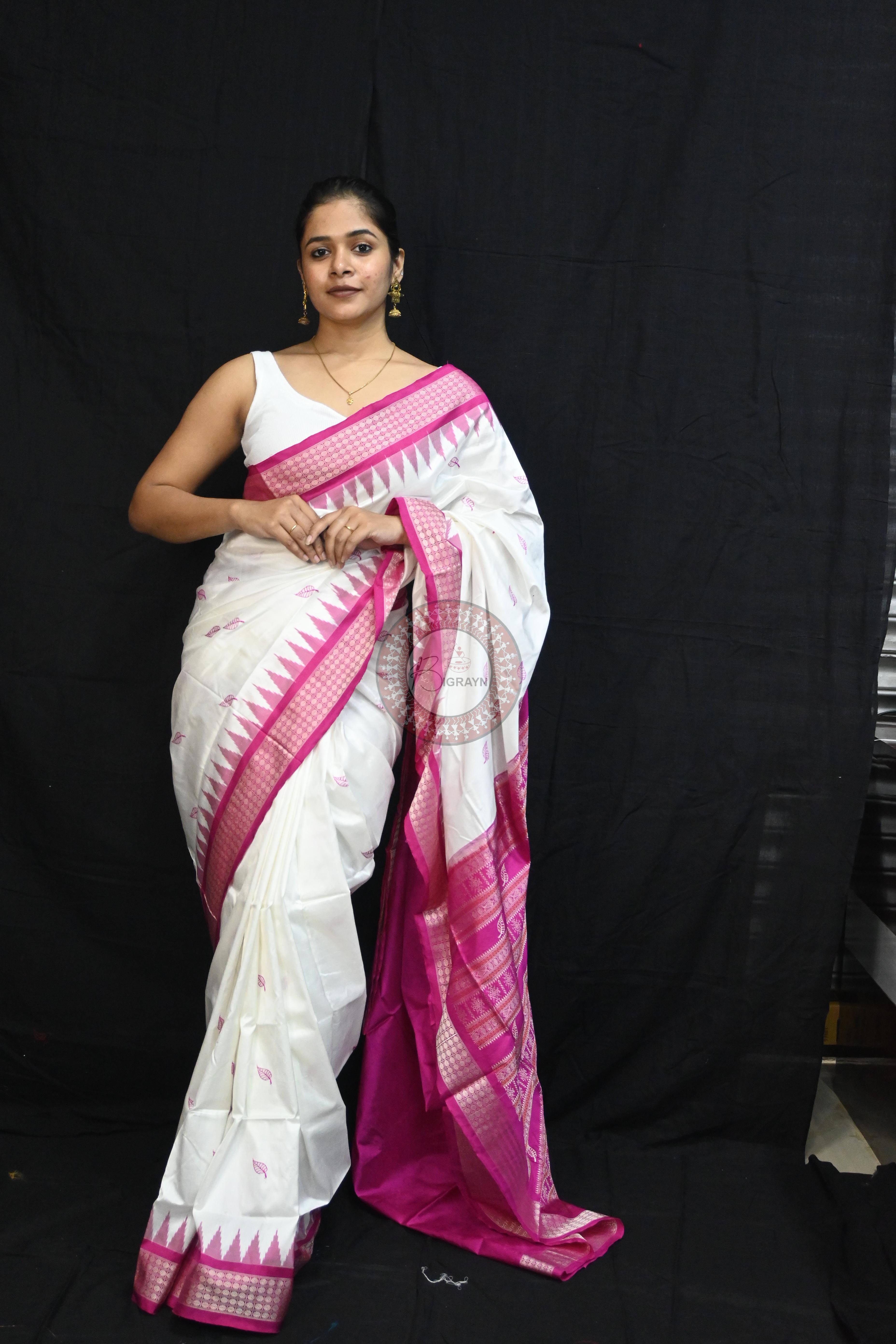 White Magenta Leafs Bomkai Silk Saree