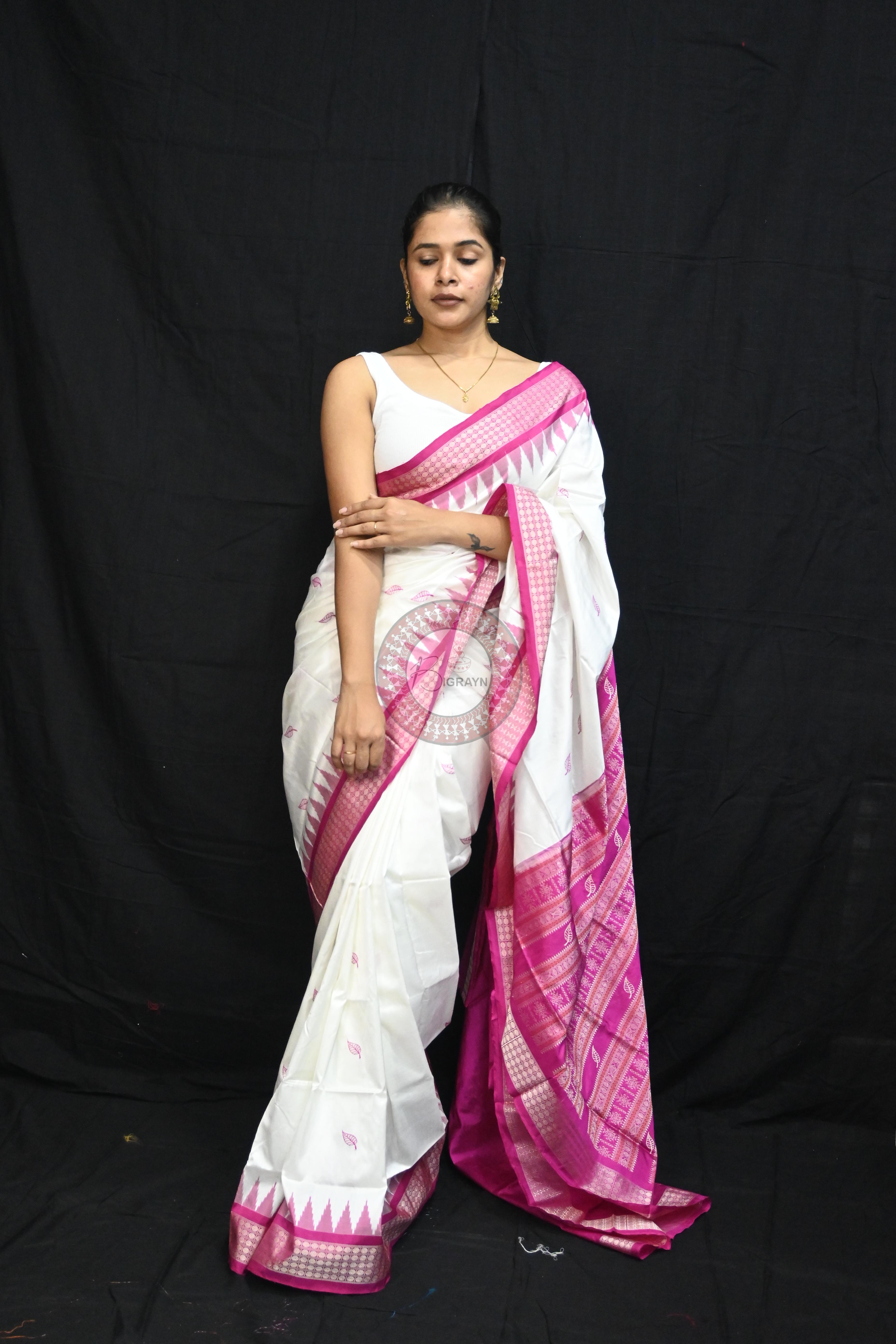 White Magenta Leafs Bomkai Silk Saree