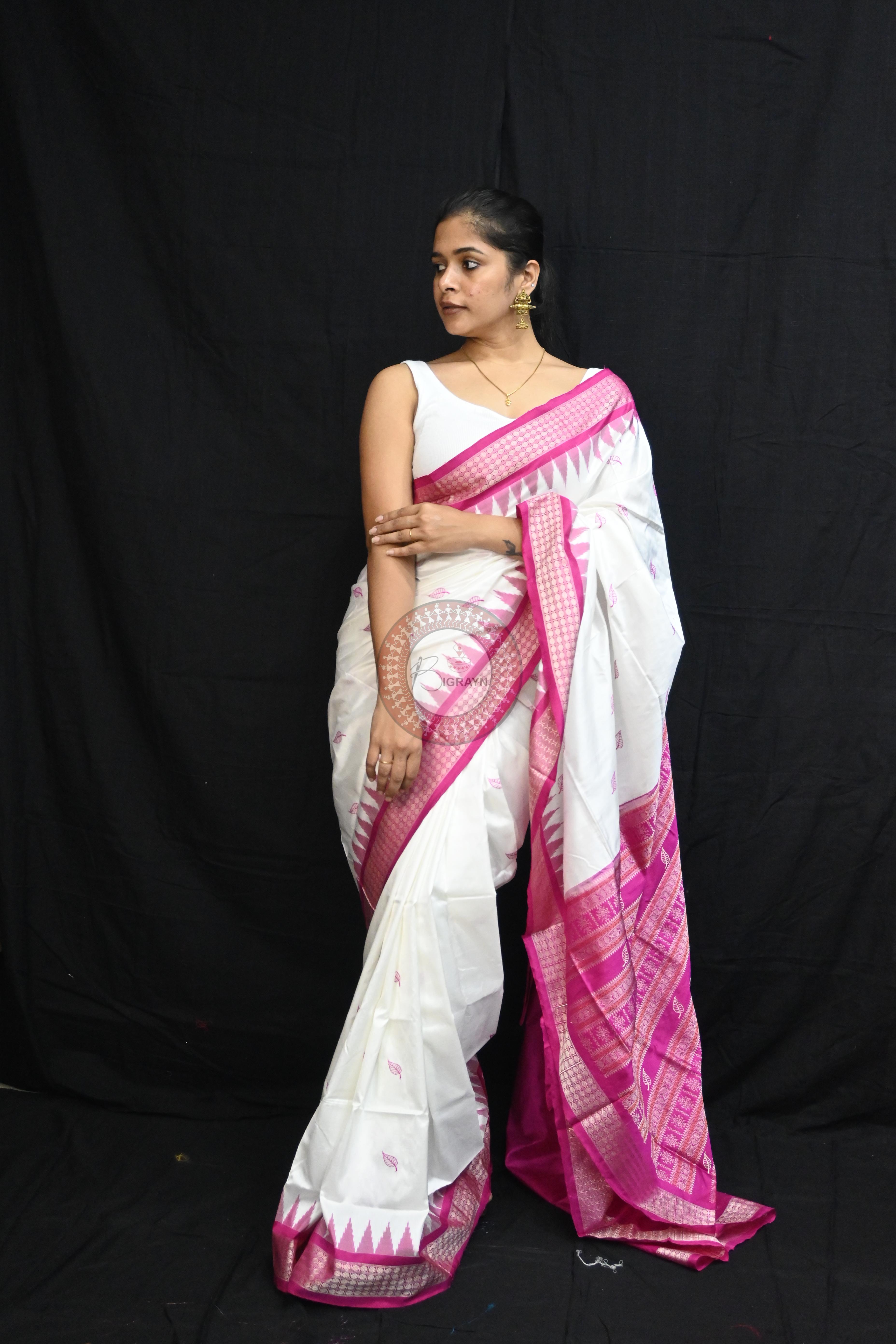 White Magenta Leafs Bomkai Silk Saree
