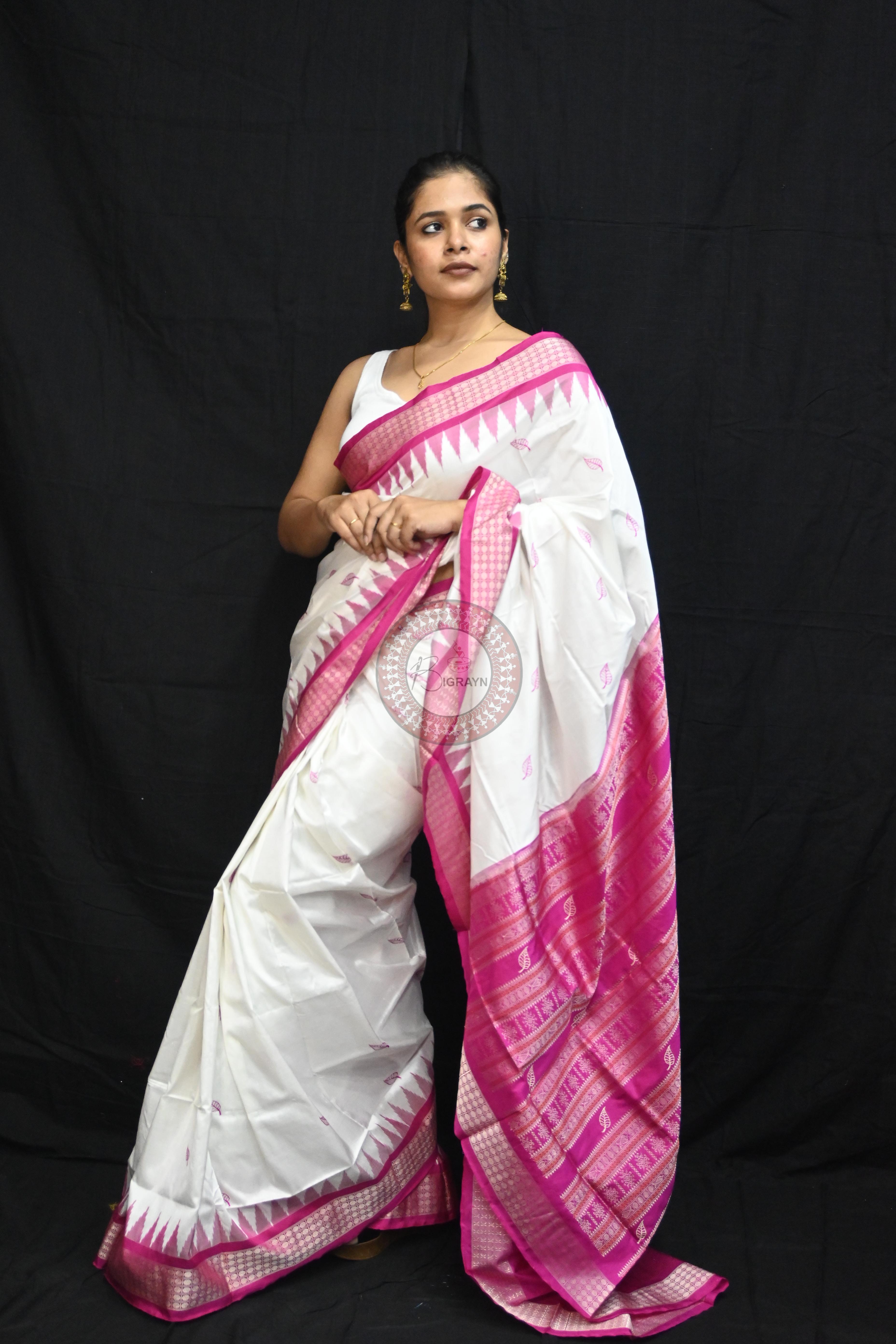 White Magenta Leafs Bomkai Silk Saree