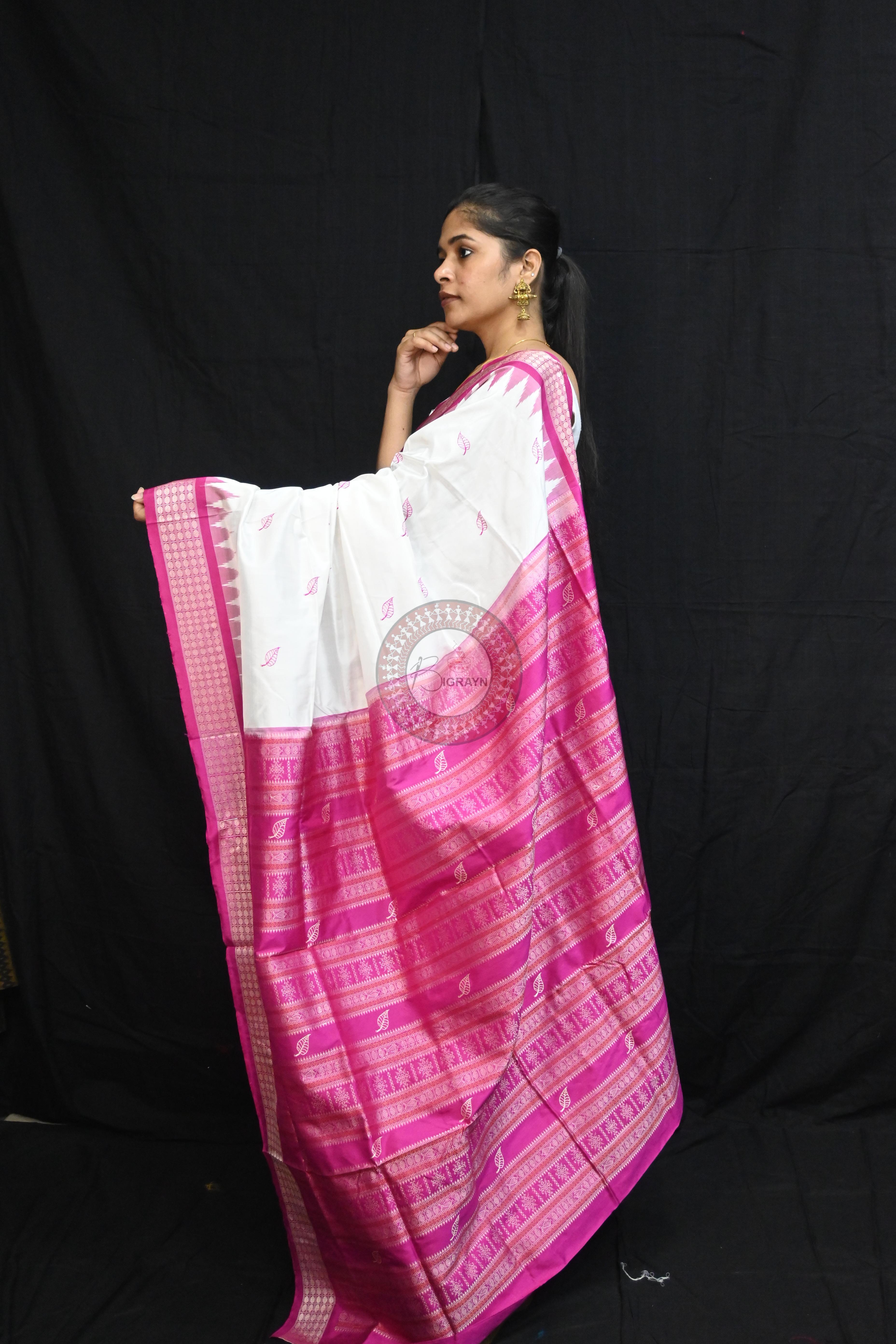 White Magenta Leafs Bomkai Silk Saree