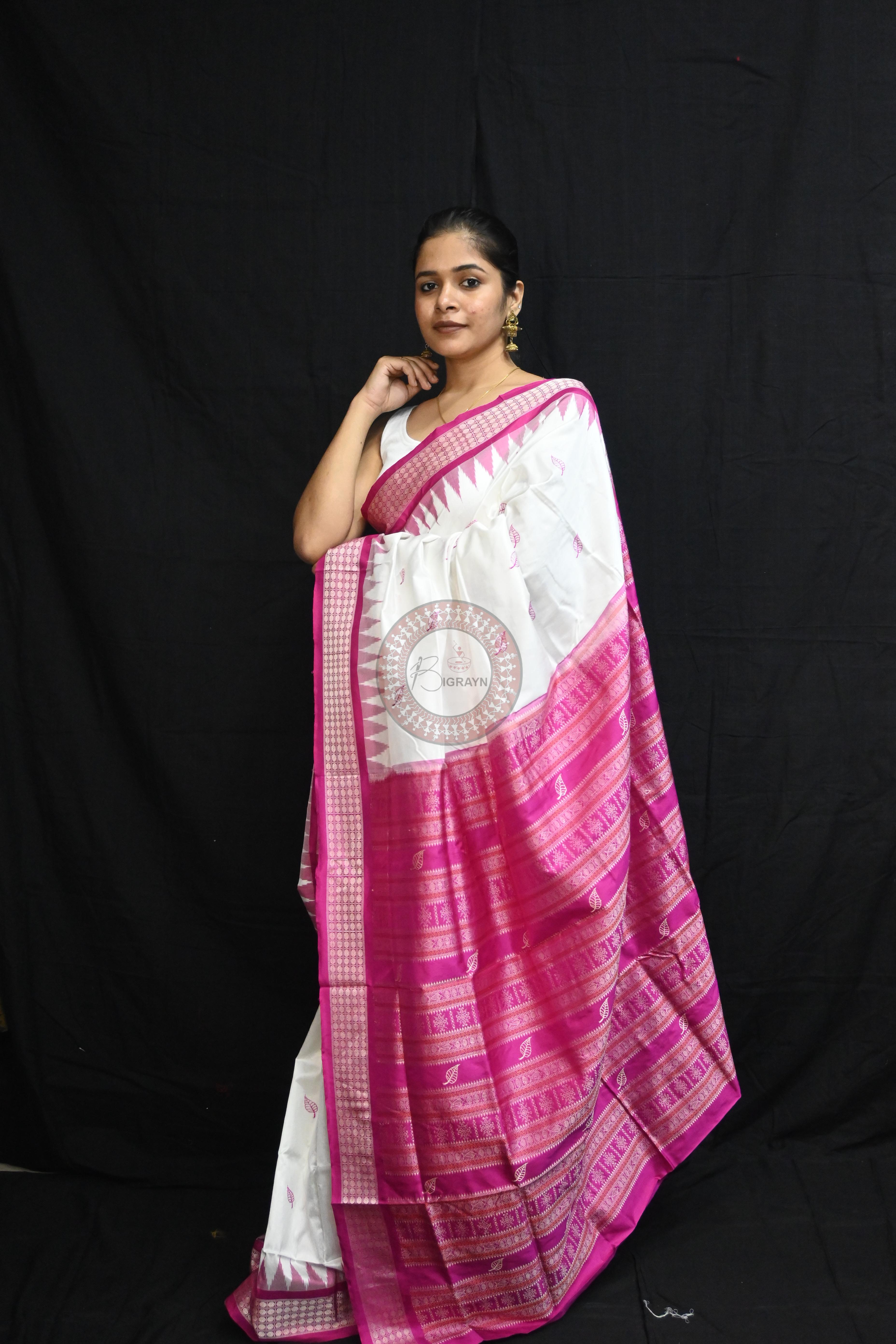 White Magenta Leafs Bomkai Silk Saree