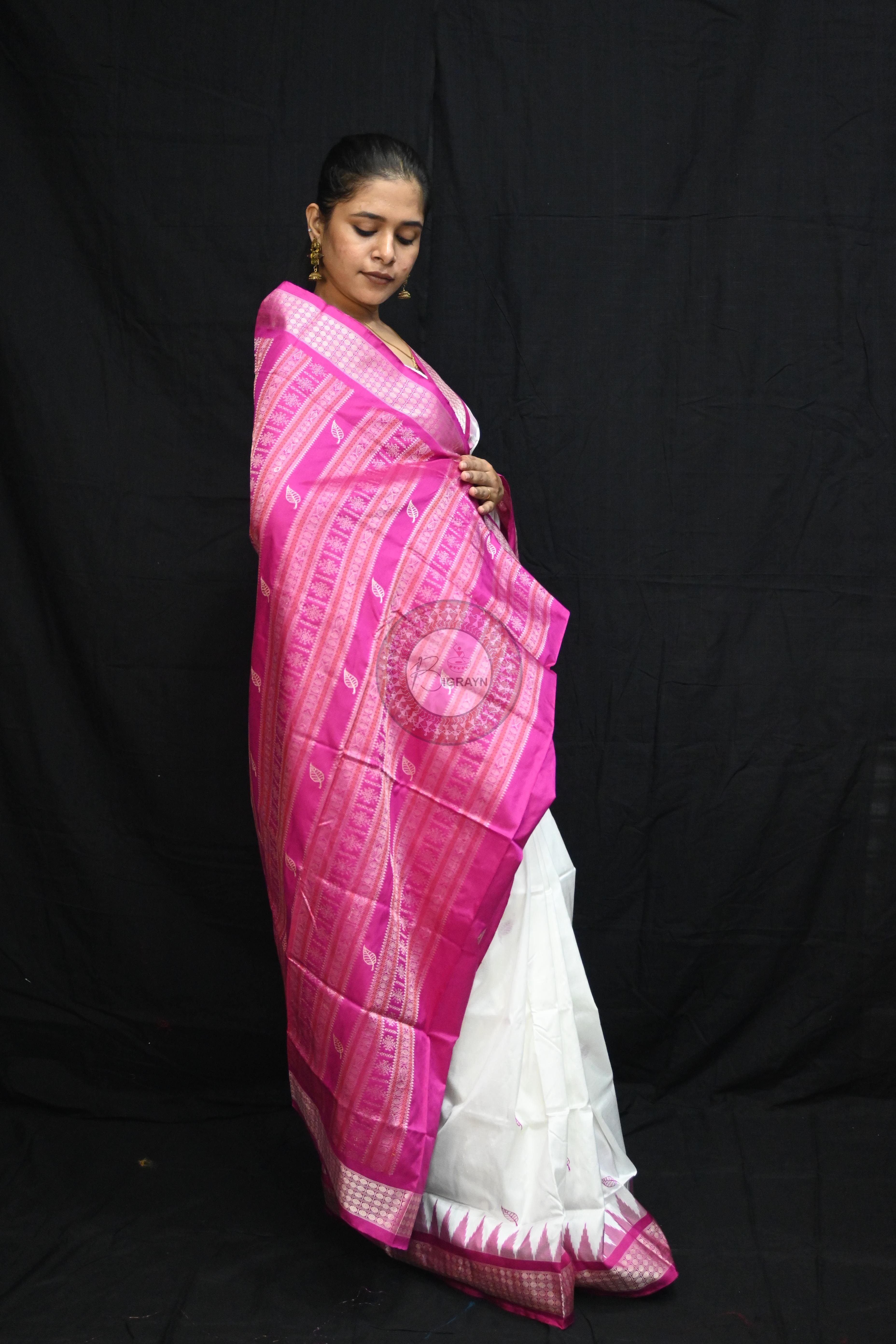 White Magenta Leafs Bomkai Silk Saree