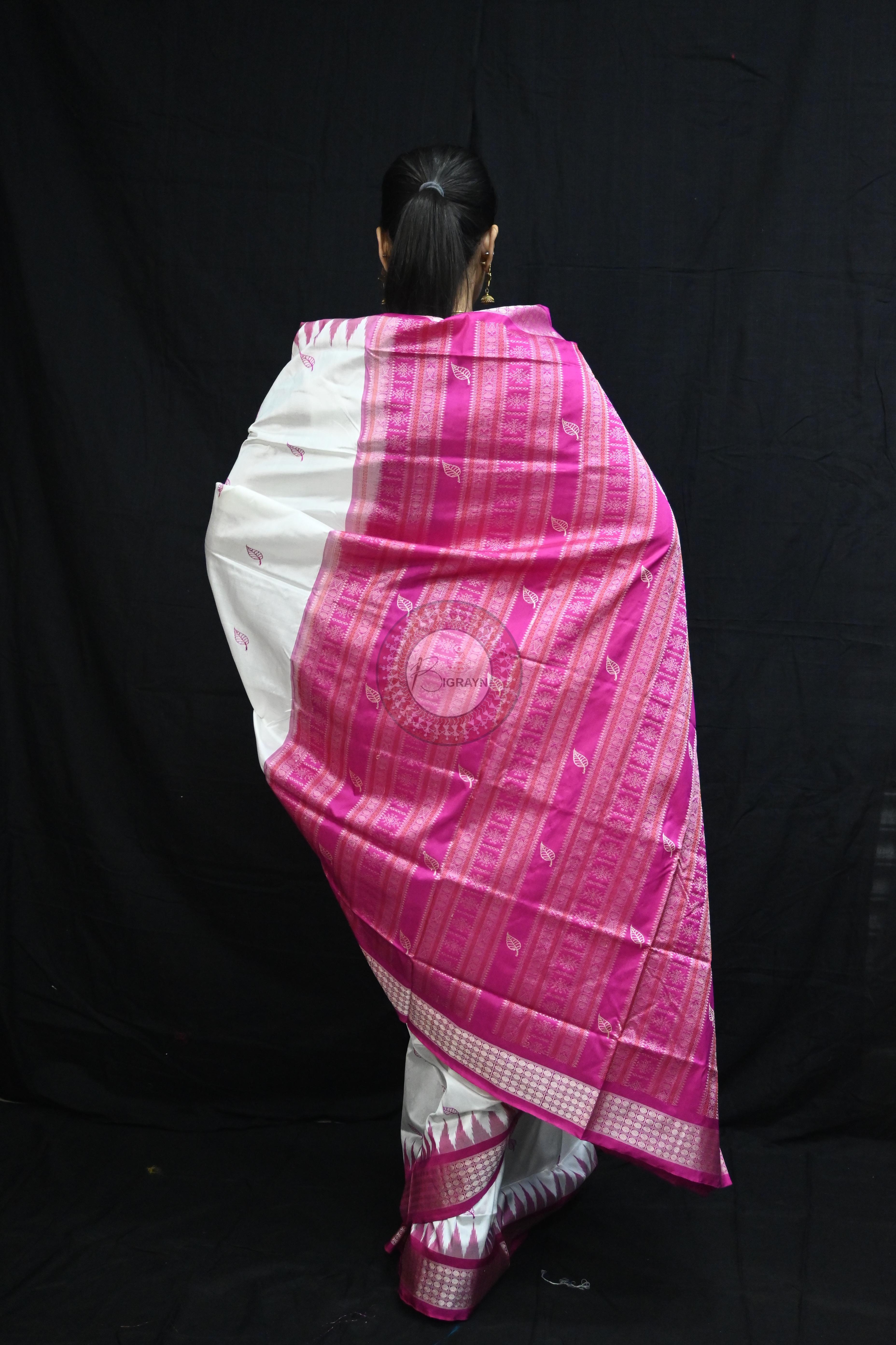 White Magenta Leafs Bomkai Silk Saree