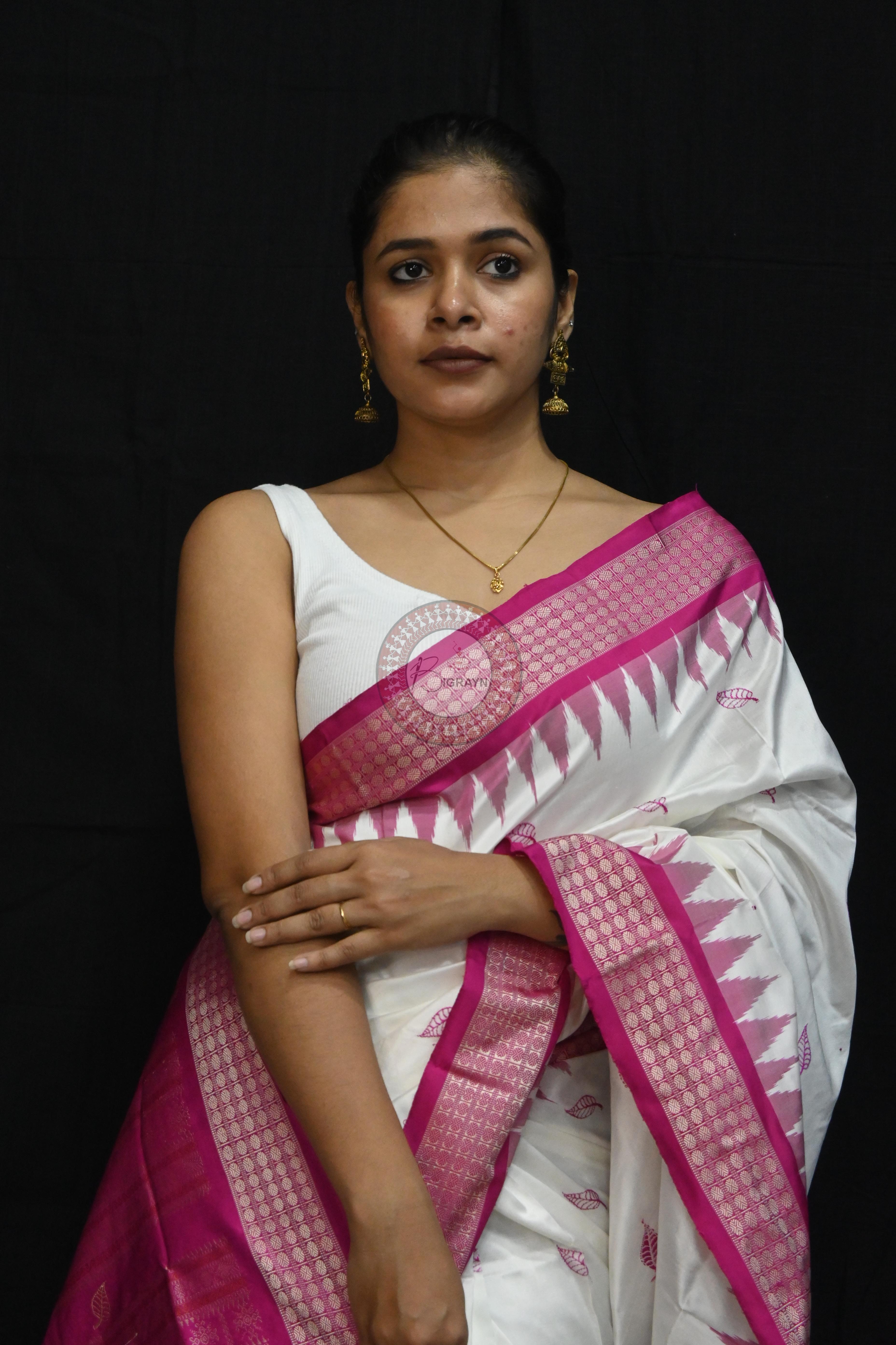 White Magenta Leafs Bomkai Silk Saree