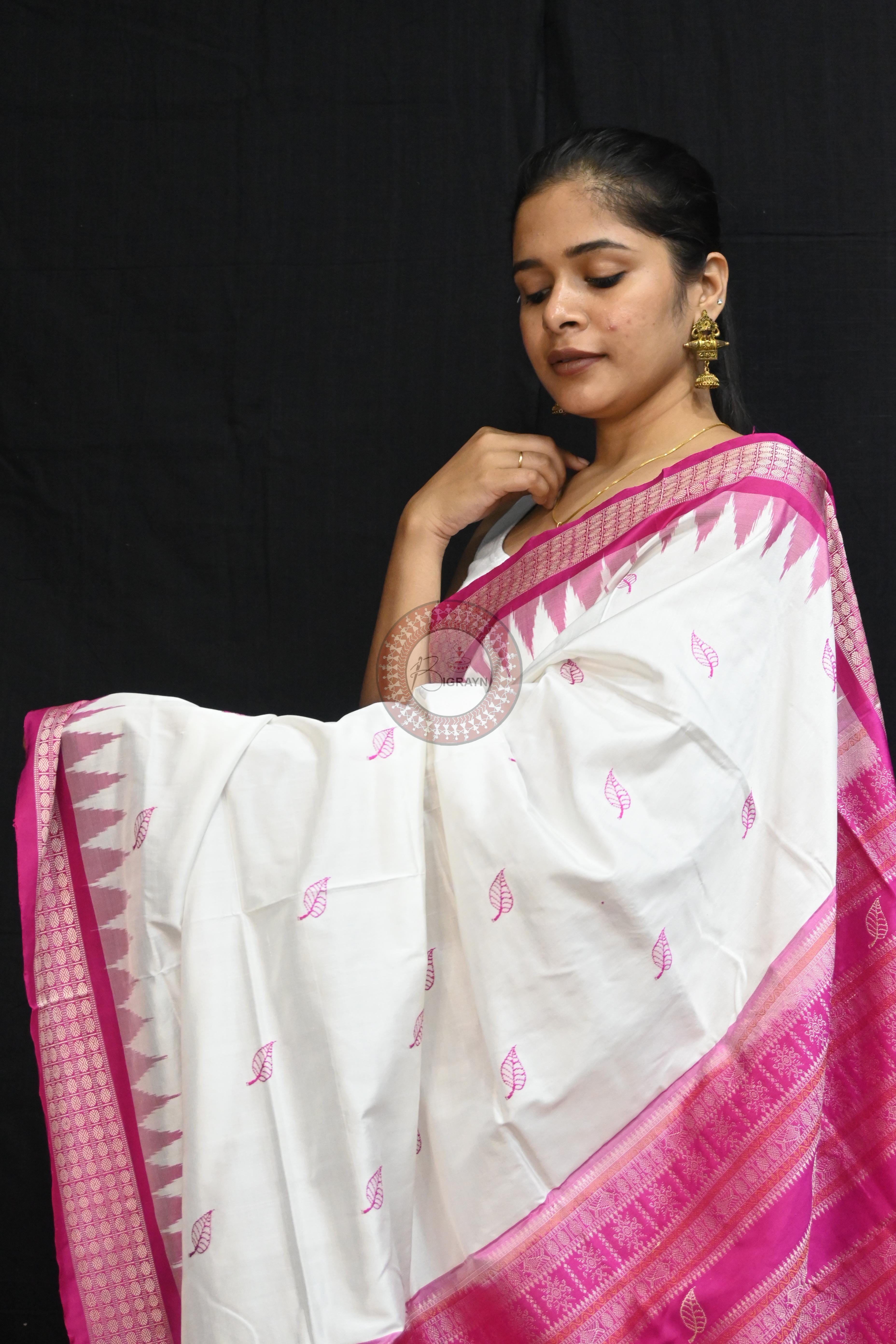 White Magenta Leafs Bomkai Silk Saree