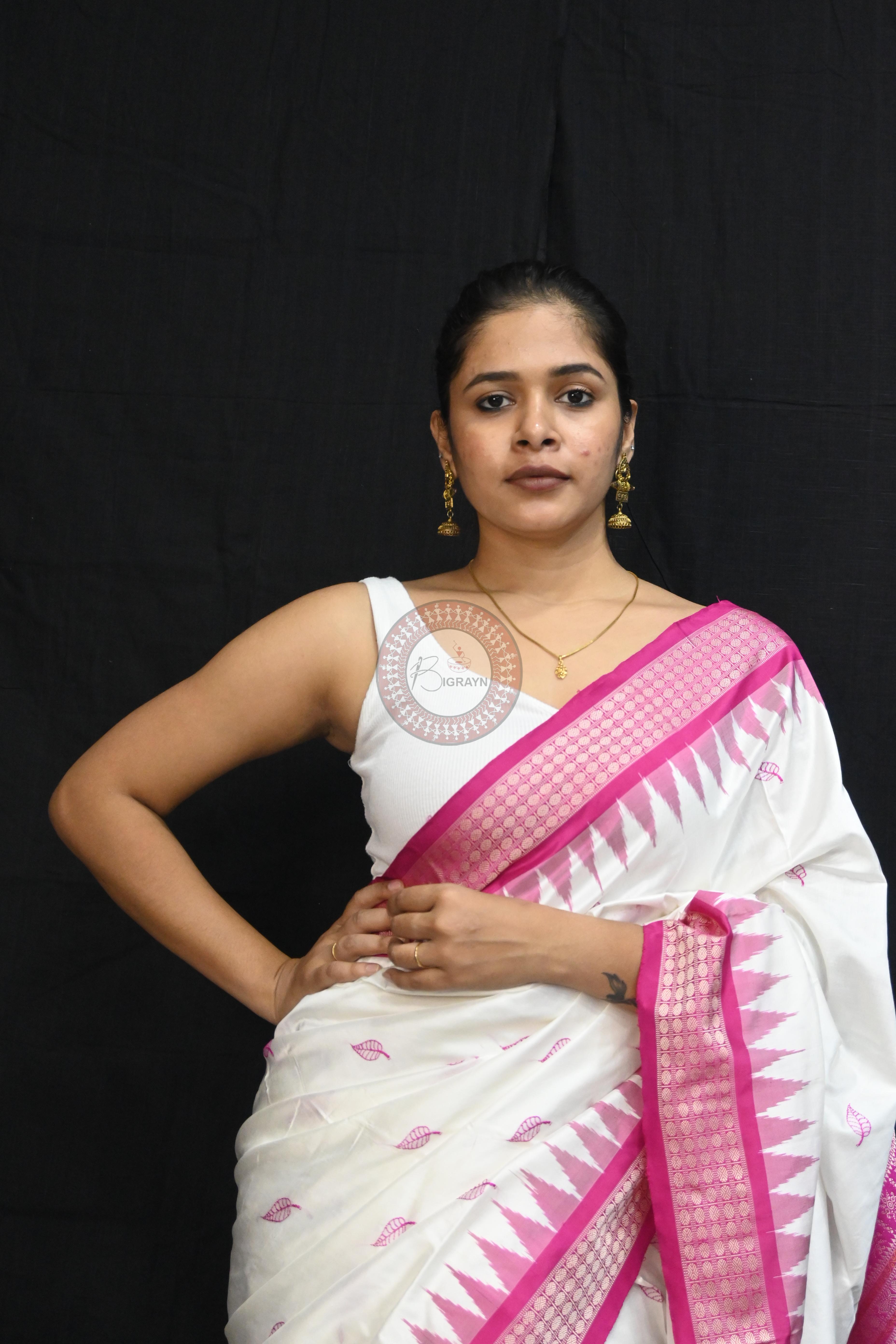 White Magenta Leafs Bomkai Silk Saree