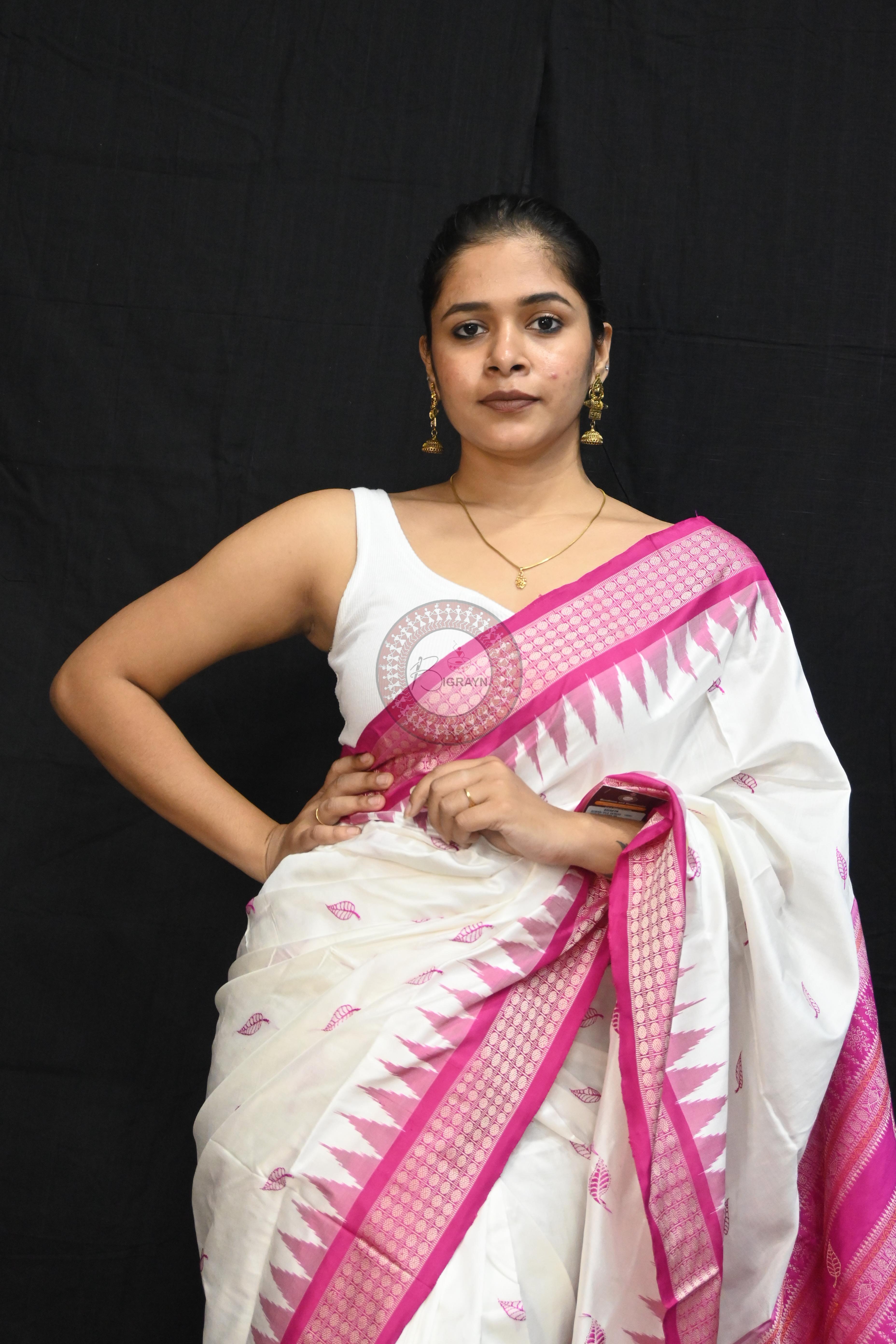 White Magenta Leafs Bomkai Silk Saree