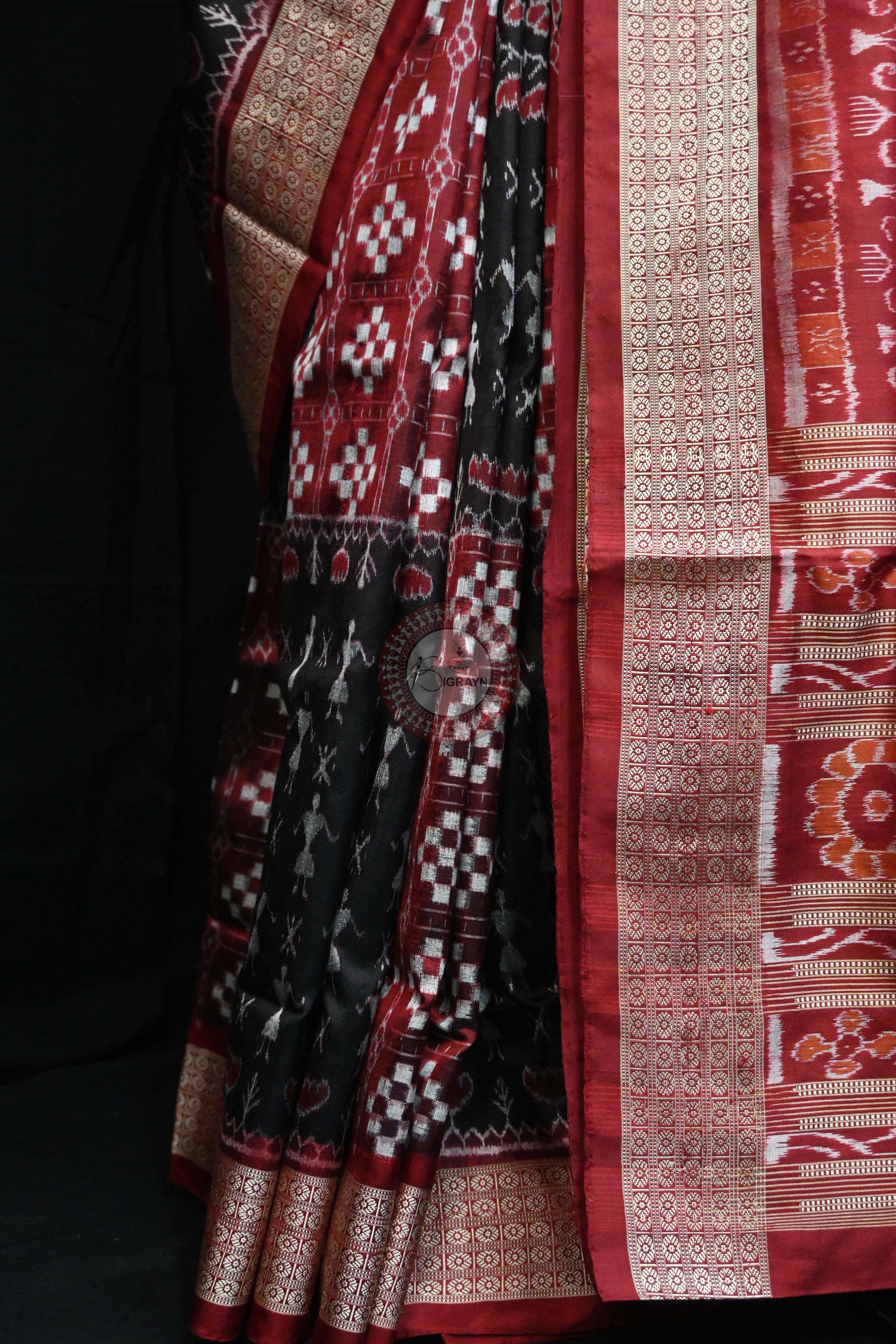 Red Black Pasapali And Tribal Sambalpuri Silk Saree